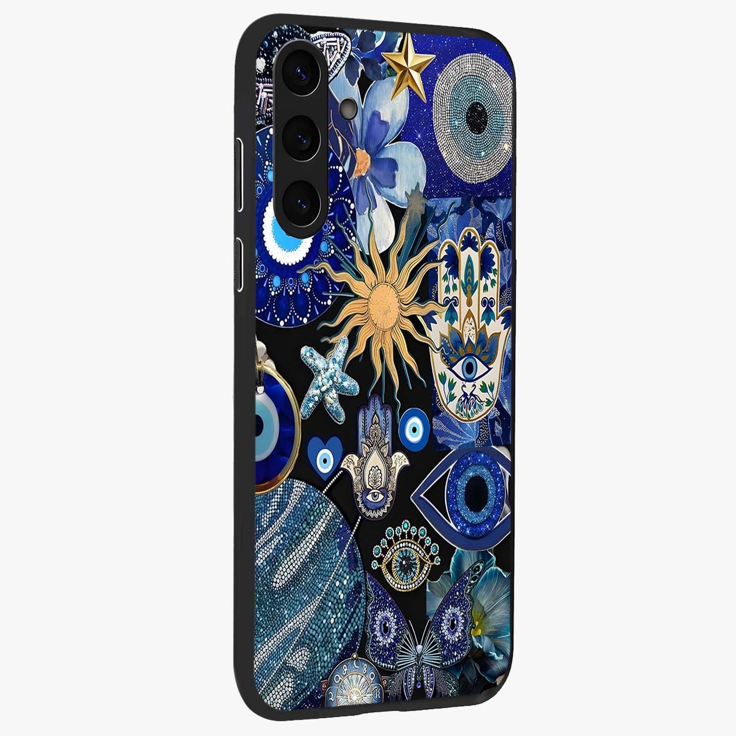 Evil Eye Charm Mix Glass Case upright view showcasing mystical evil eye pattern with vibrant decorative style.