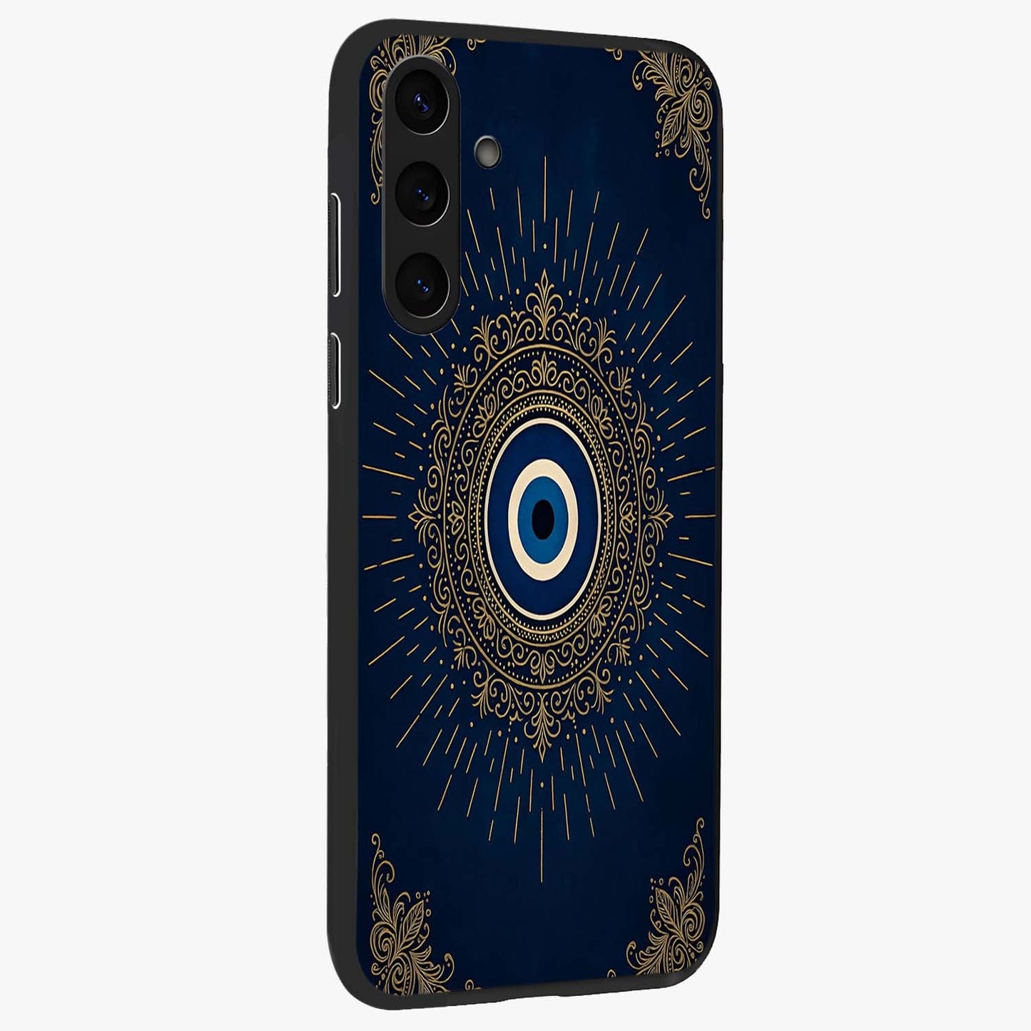 Golden Celestial Charm Glass Case upright view showcasing radiant celestial artwork with elegant golden theme.