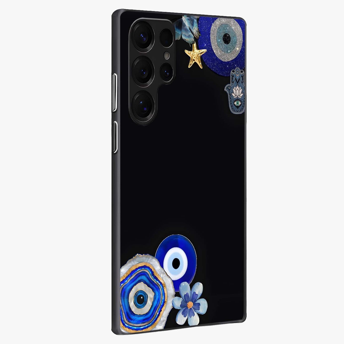 Aesthetic Blue Evil Eye Glass Case upright view showcasing mystical evil eye graphic with minimal aesthetic style.