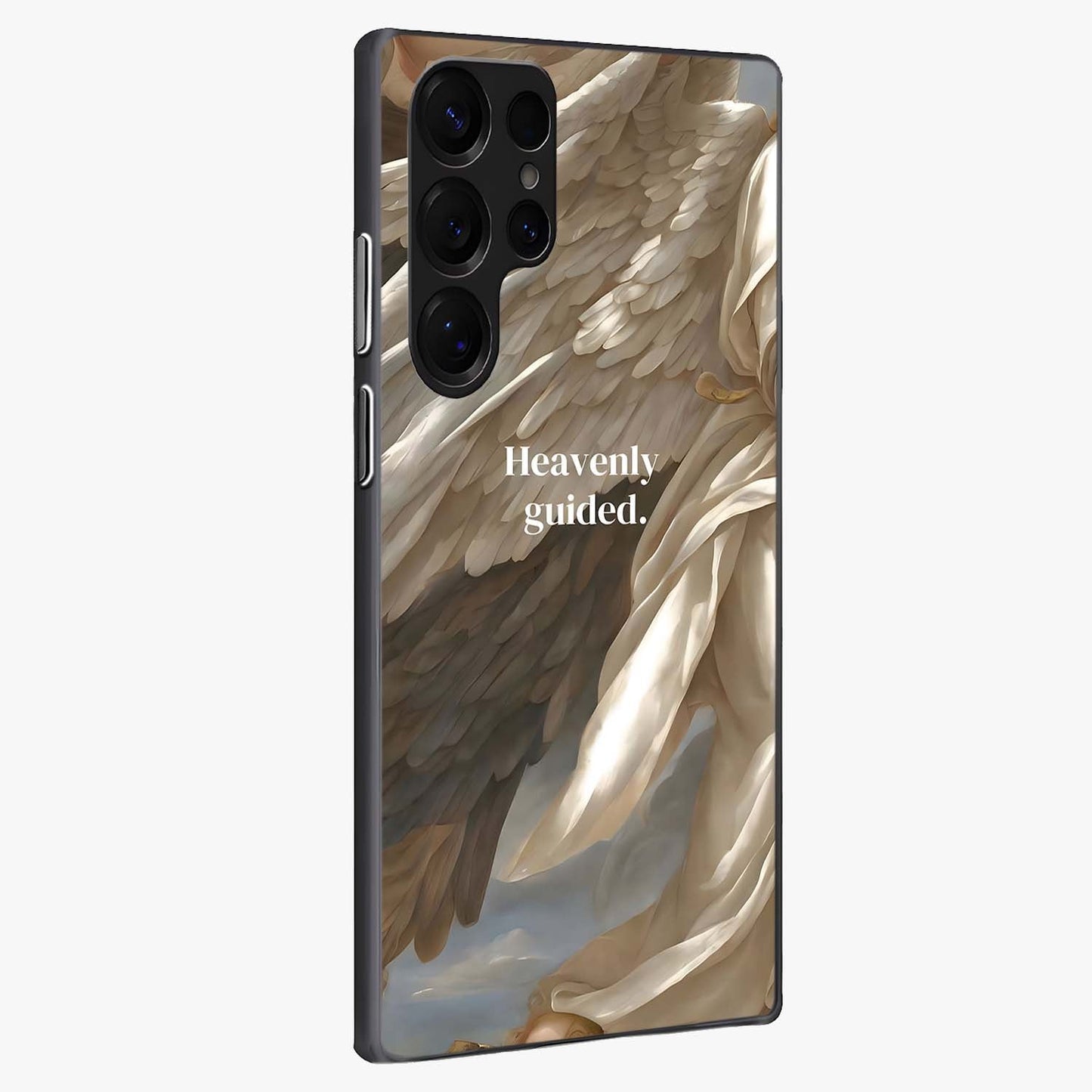Divine Winged Grace Glass Case upright view showcasing spiritual wing artwork with soft celestial theme.