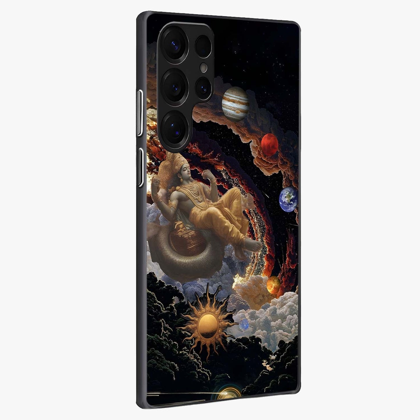 Galactic Divine God Glass Case upright view showcasing mystical divine artwork with dramatic cosmic theme.