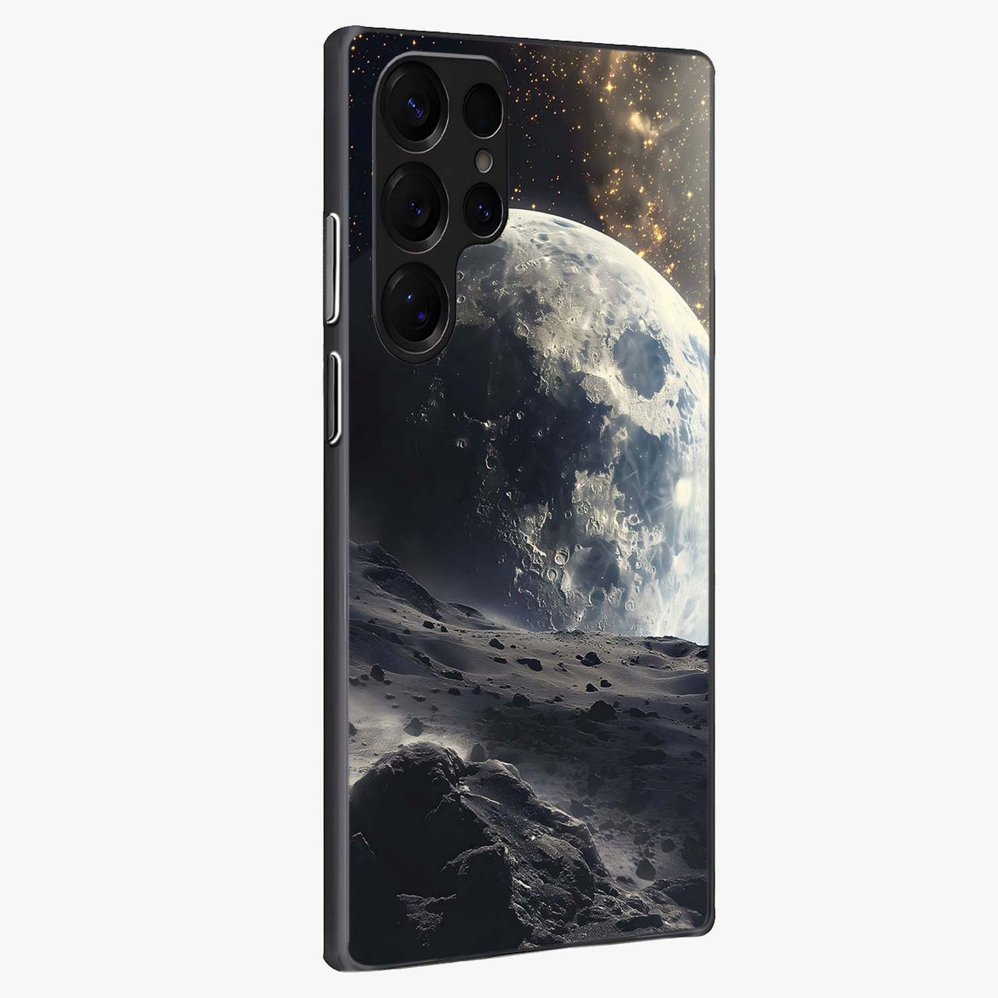 Lunar Horizon Glow Glass Case upright view showcasing radiant lunar artwork with calm cosmic theme.