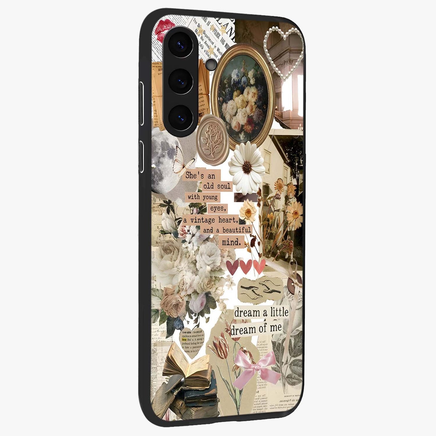Aesthetic Brown Vintage Collage Glass Case upright view showcasing nostalgic retro artwork with stylish vintage theme.