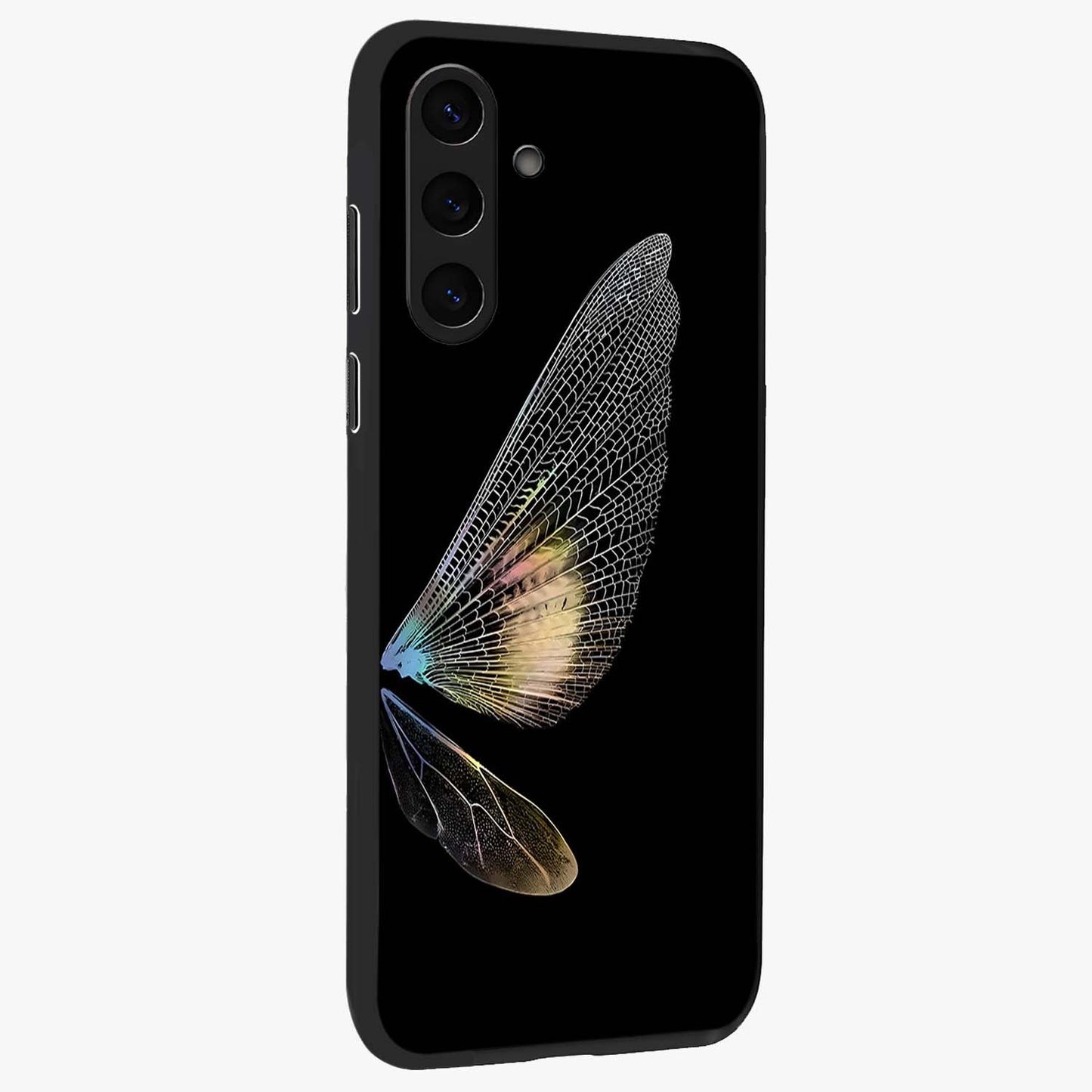 Whispers Of Wings Glass Case upright view showcasing elegant wing artwork with light airy theme.