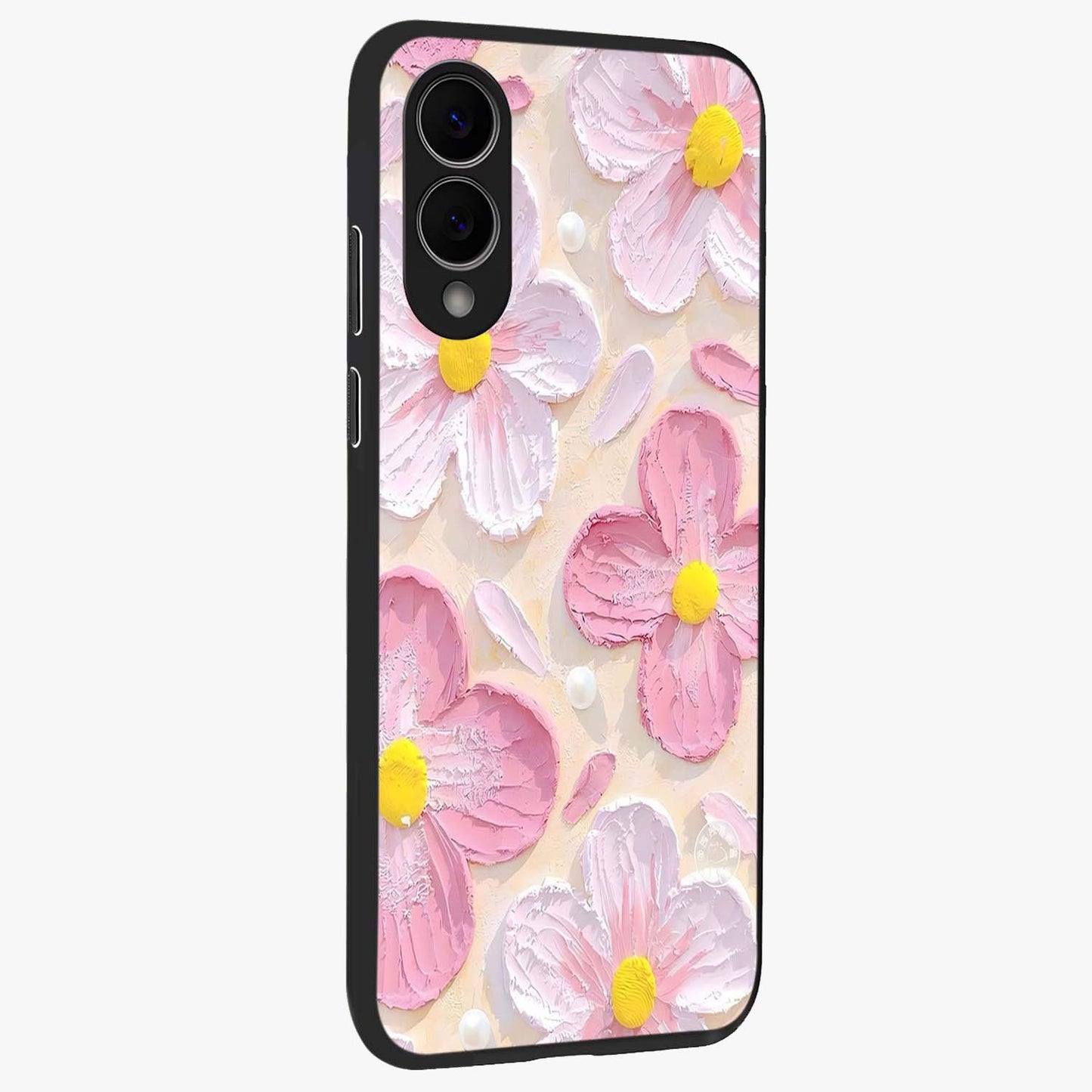Blush Bloom Texture Glass Case upright view showcasing delicate blush floral texture with modern minimal style.