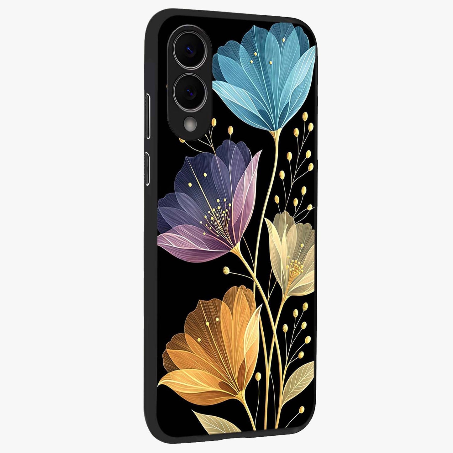 Delicate Multicolor Flowers Glass Case upright view showcasing delicate floral artwork with bright botanical theme.