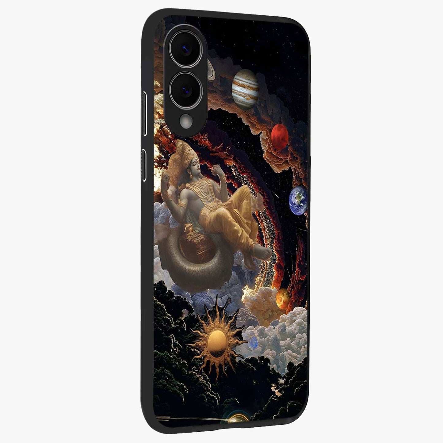 Galactic Divine God Glass Case upright view showcasing mystical divine artwork with dramatic cosmic theme.