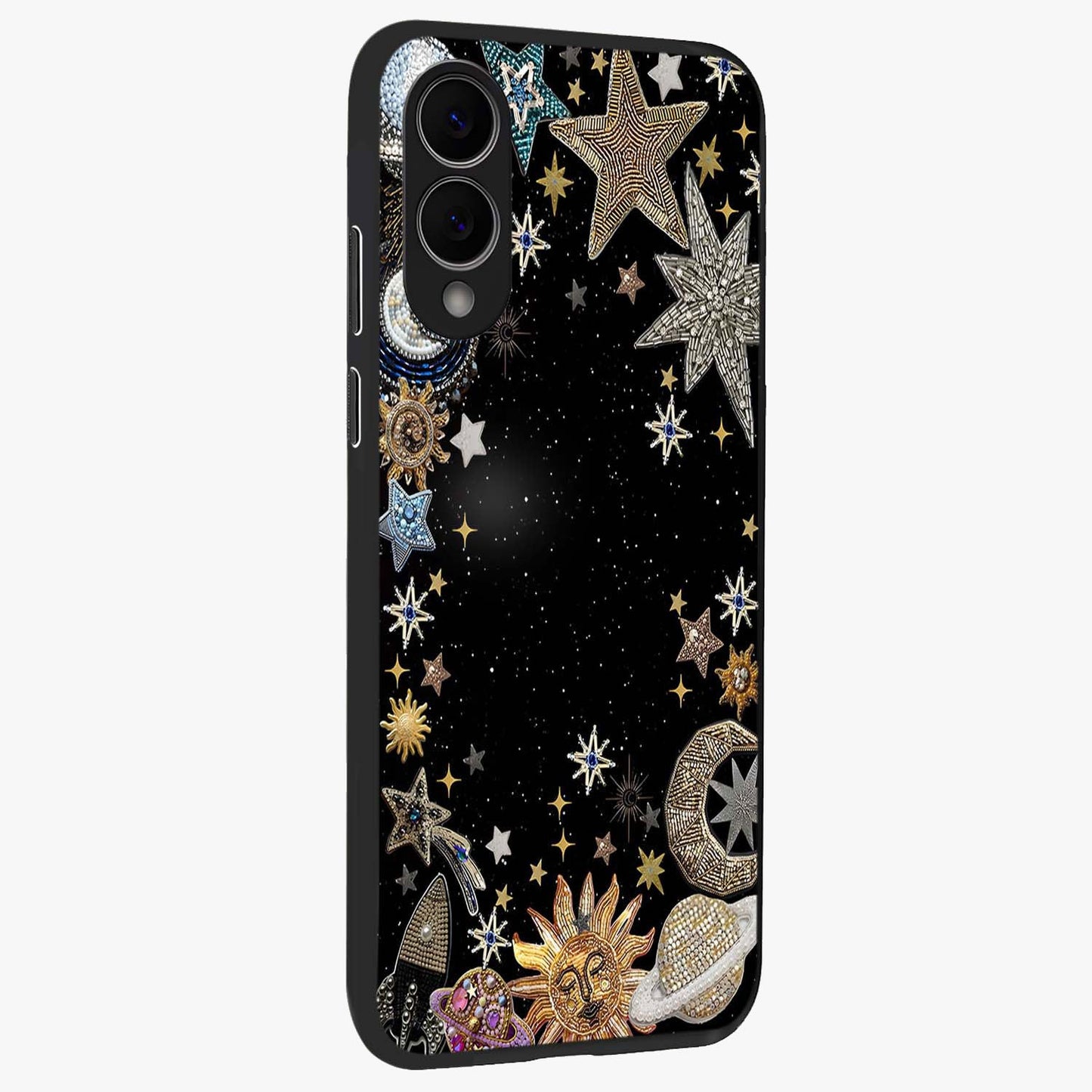 Galactic Jewel Stars Glass Case upright view showcasing glittering star jewel artwork with vibrant galaxy theme.