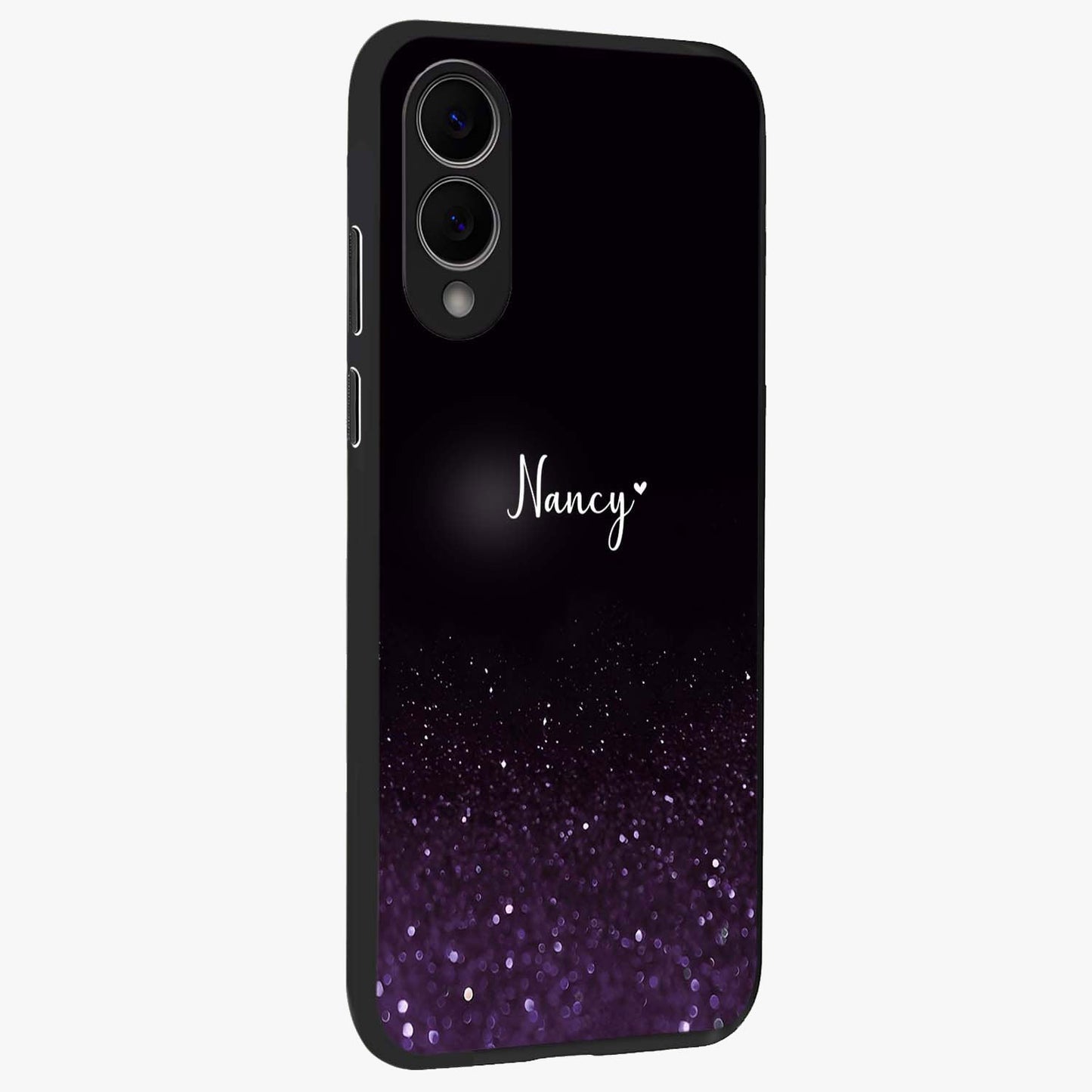 Glittery Purple Bokeh Custom Name Glass Case upright view showcasing vibrant purple sparkle artwork with personalized aesthetic style.