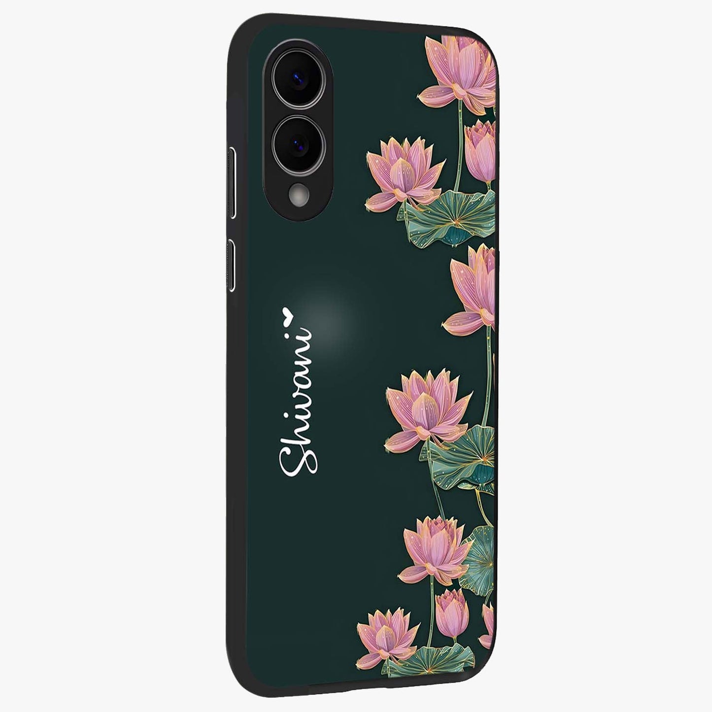 Lotus Bloom Serenity Custom Name Glass Case upright view showcasing serene lotus bloom artwork with personalized floral aesthetic.