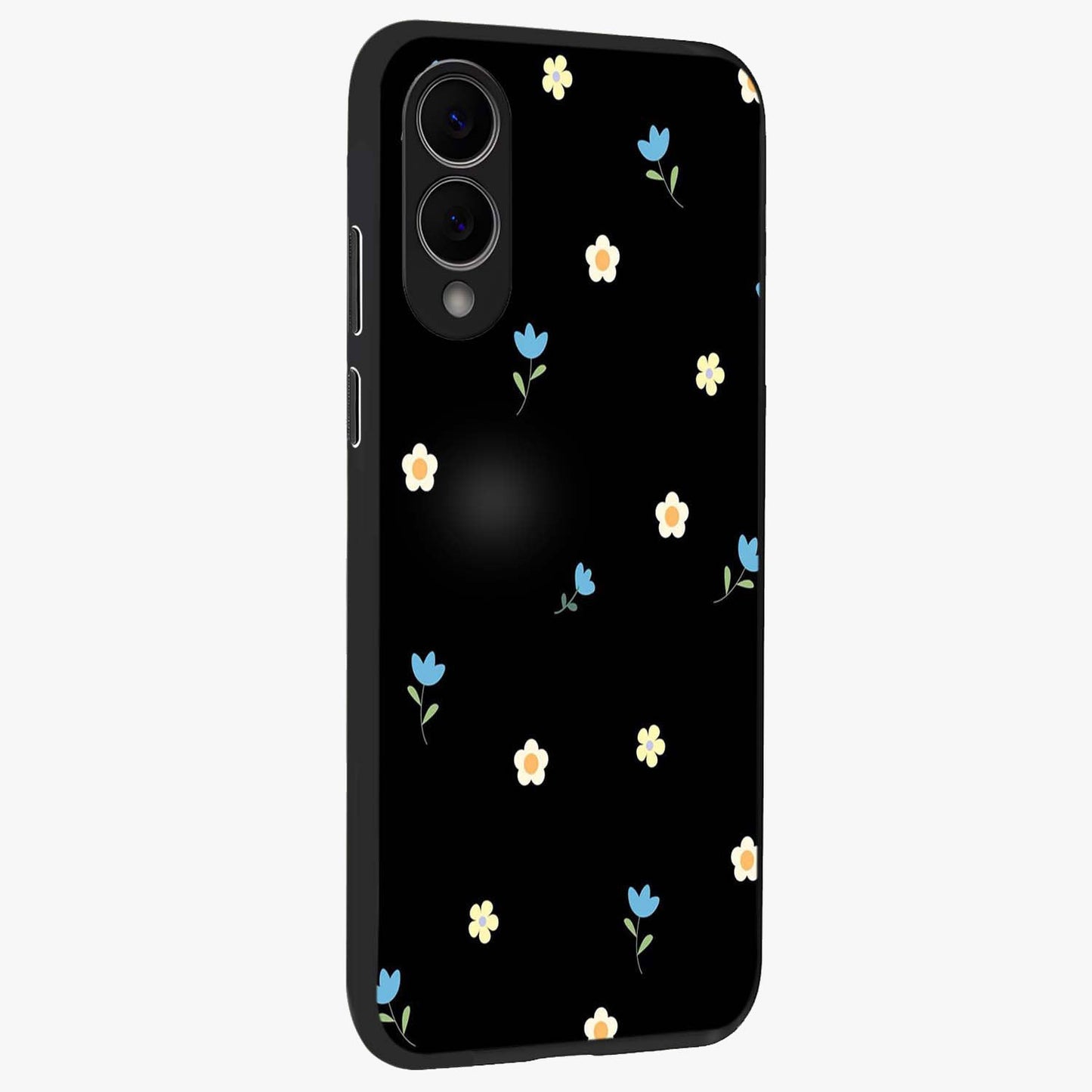Minimal Petal Whispers Glass Case upright view showcasing elegant floral artwork with modern minimalist style.