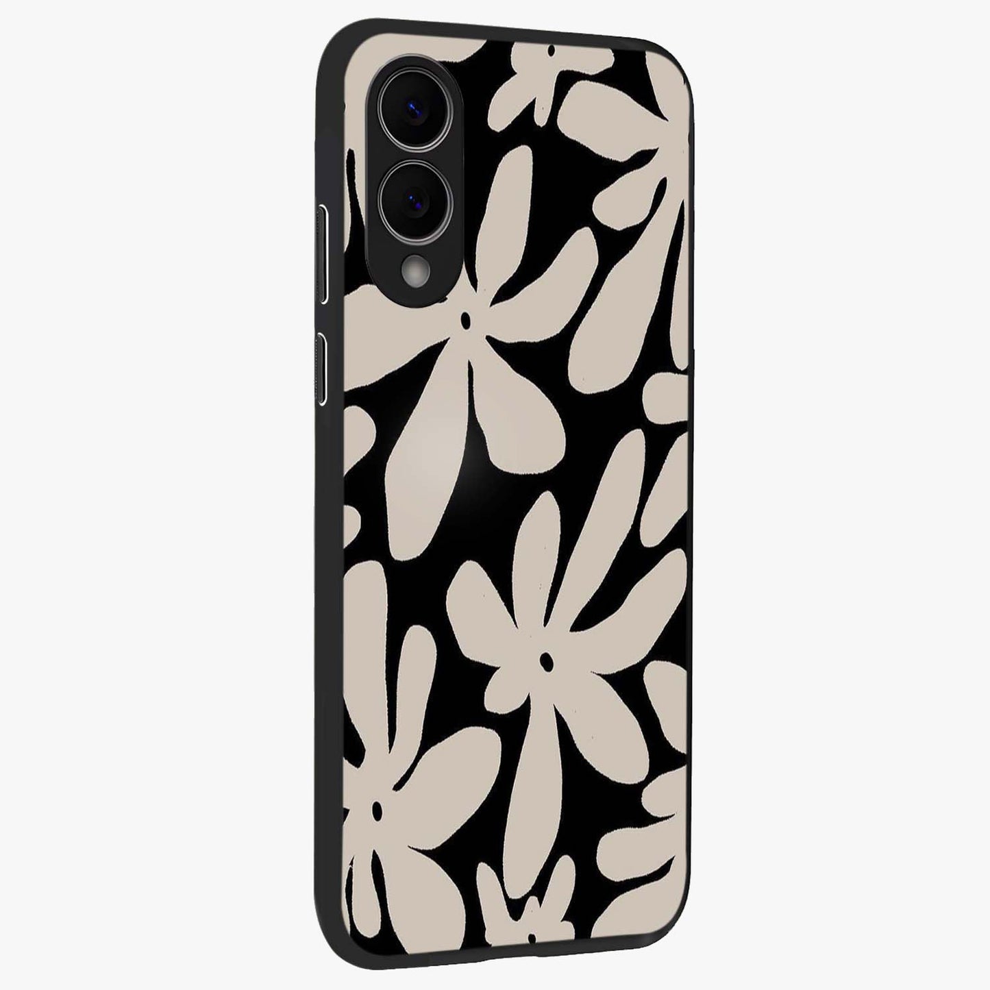 Monochrome Petal Dance Glass Case upright view showcasing artistic floral pattern with stylish monochrome theme.
