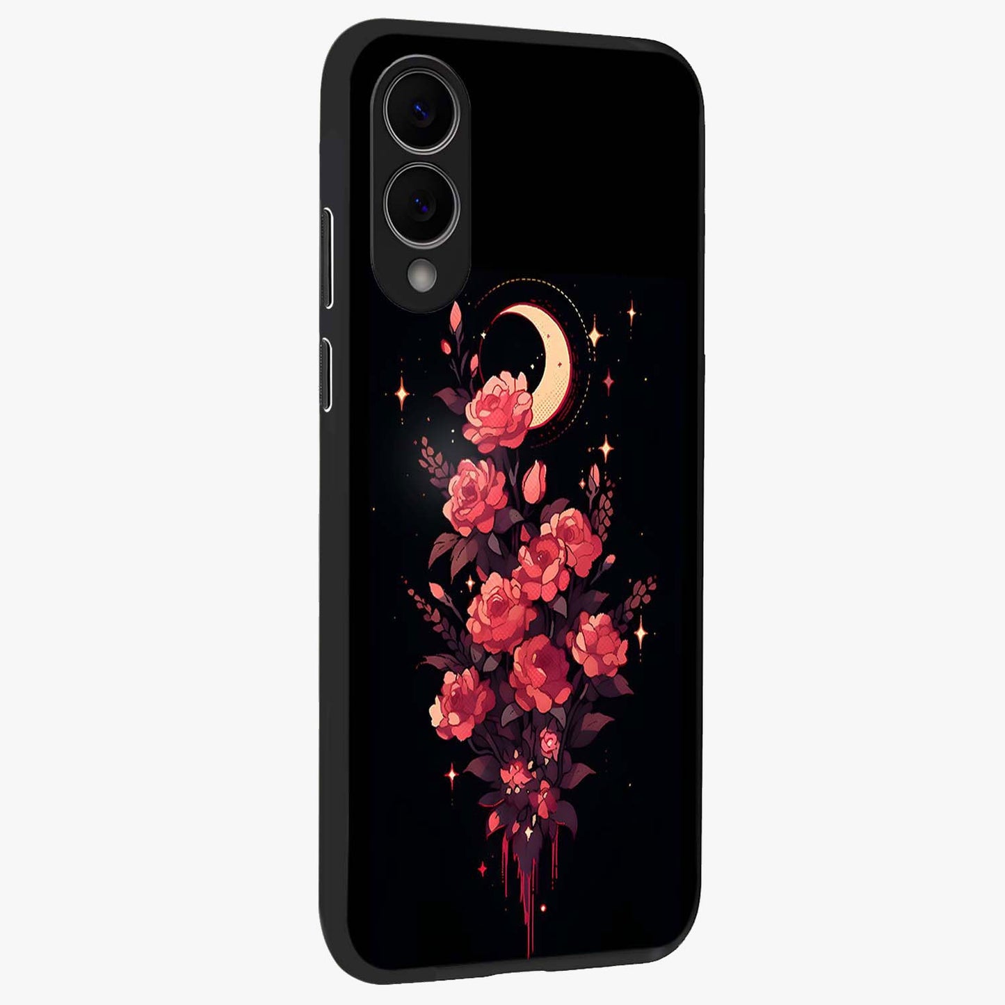Moonlit Floral Elegance Glass Case upright view showcasing delicate floral artwork with refined night inspired theme.