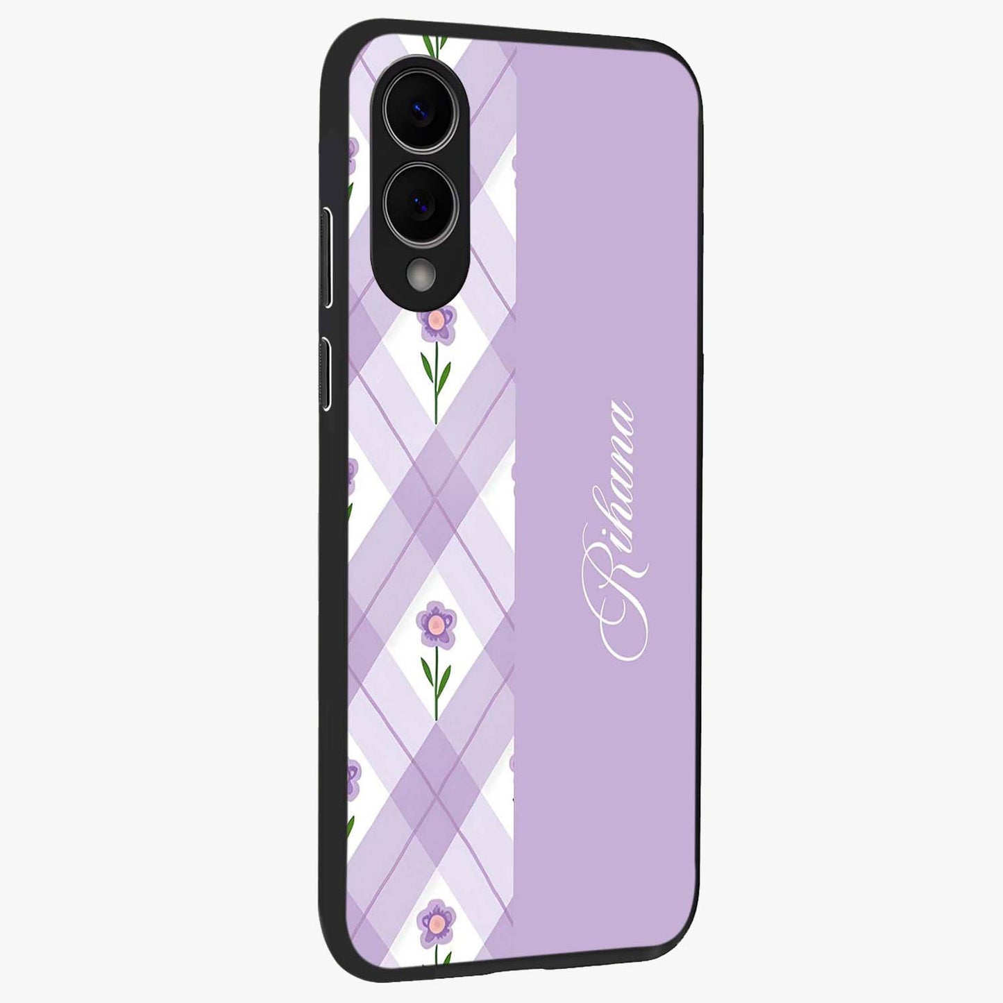 Purple Diamond Floral Glass Case upright view showcasing vibrant floral artwork with stylish geometric theme.