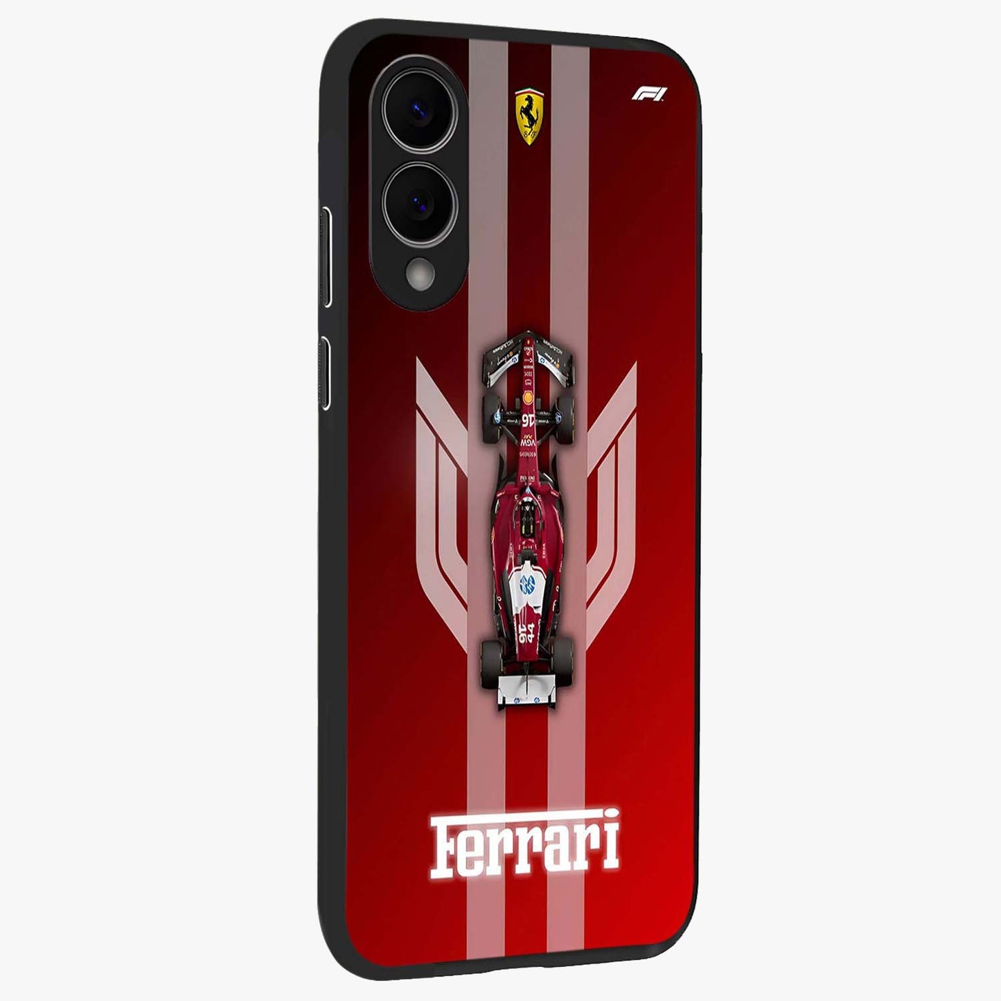 Red Ferrari F1 Vertical Glass Case upright view showcasing powerful Formula car artwork with dynamic motorsport theme.