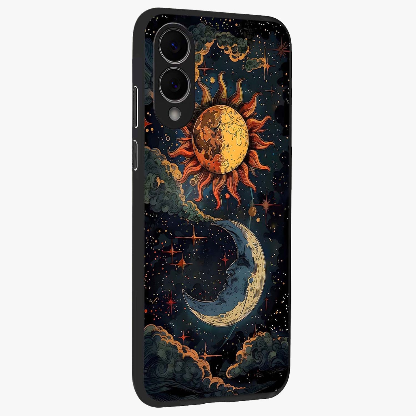 Sun And Moon Magic Design Glass Case upright view showcasing decorative sun and moon artwork with spiritual celestial theme.