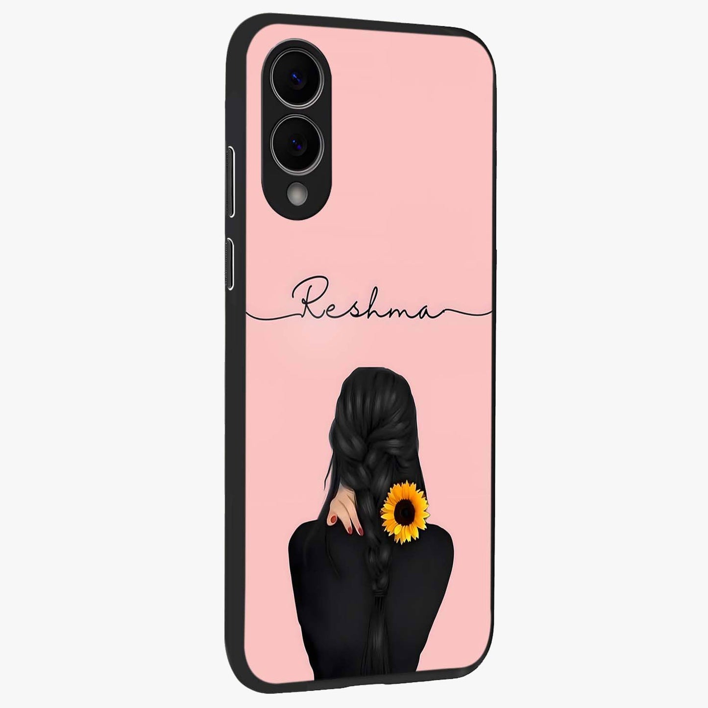 Sunflower Braid Beauty With Custom Name Glass Case upright view showcasing bright sunflower artwork with personalized floral aesthetic.