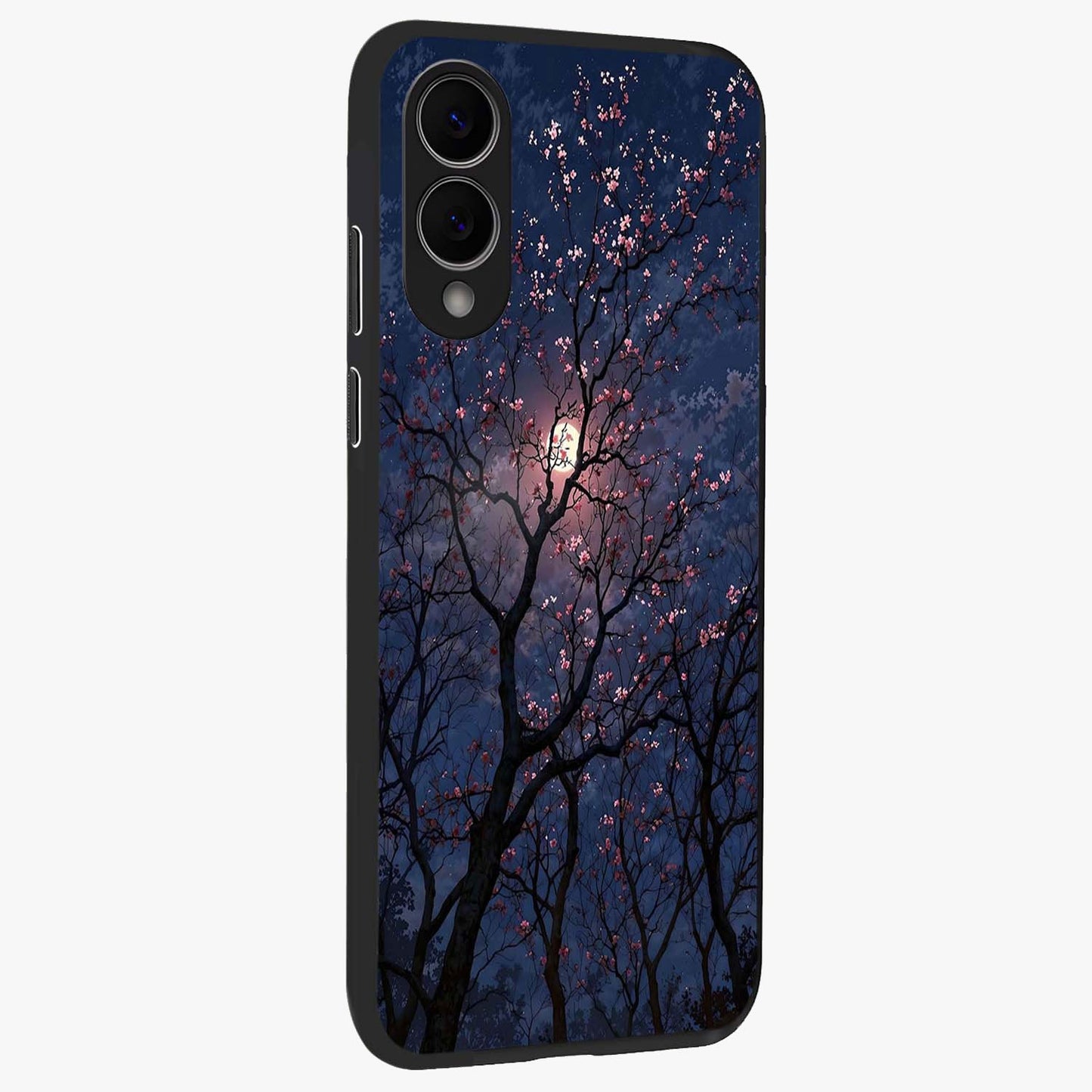 Twilight Sakura Serenade Glass Case upright view showcasing beautiful cherry blossom artwork with serene evening theme.