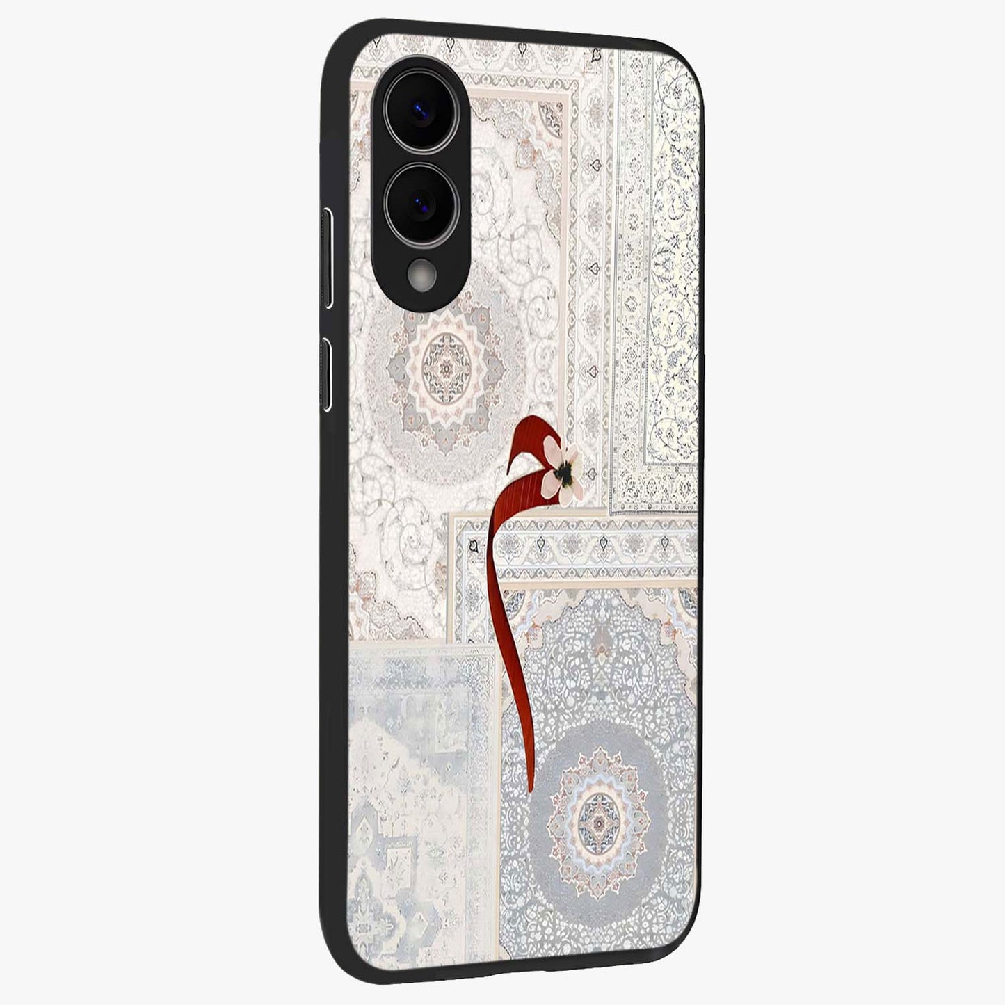 White Aesthetic Bow Glass Case upright view showcasing delicate ribbon bow artwork with cute minimalist theme.