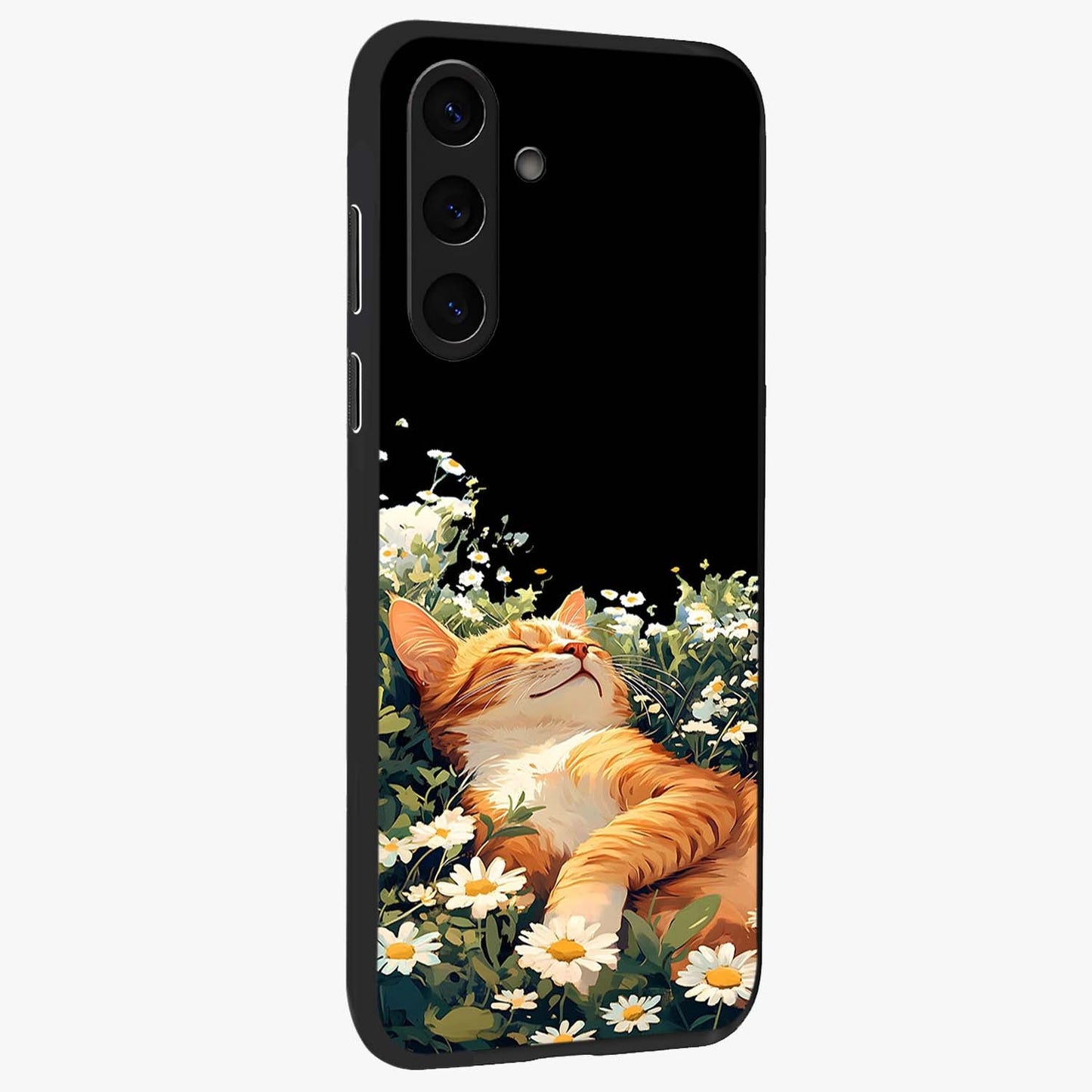 Blissful Bloom Cat Glass Case upright view showcasing charming cat design surrounded by blooming floral elements.