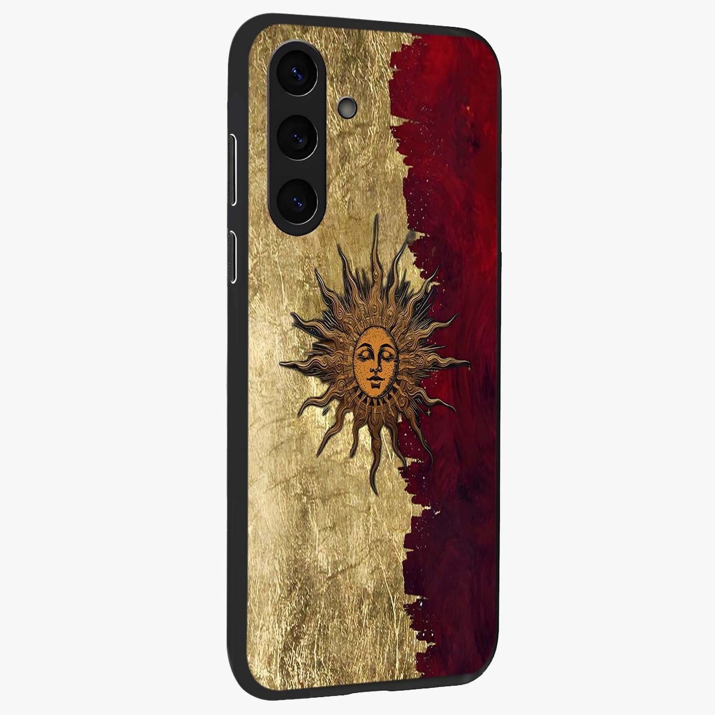 Crimson Sun Majesty Glass Case upright view showcasing vibrant sun artwork with powerful celestial theme.