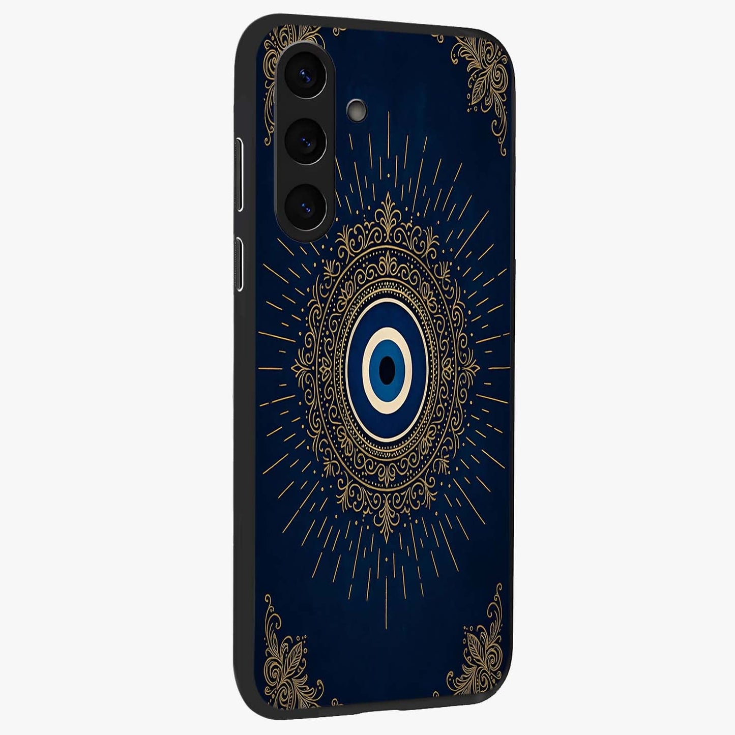 Golden Celestial Charm Glass Case upright view showcasing radiant celestial artwork with elegant golden theme.