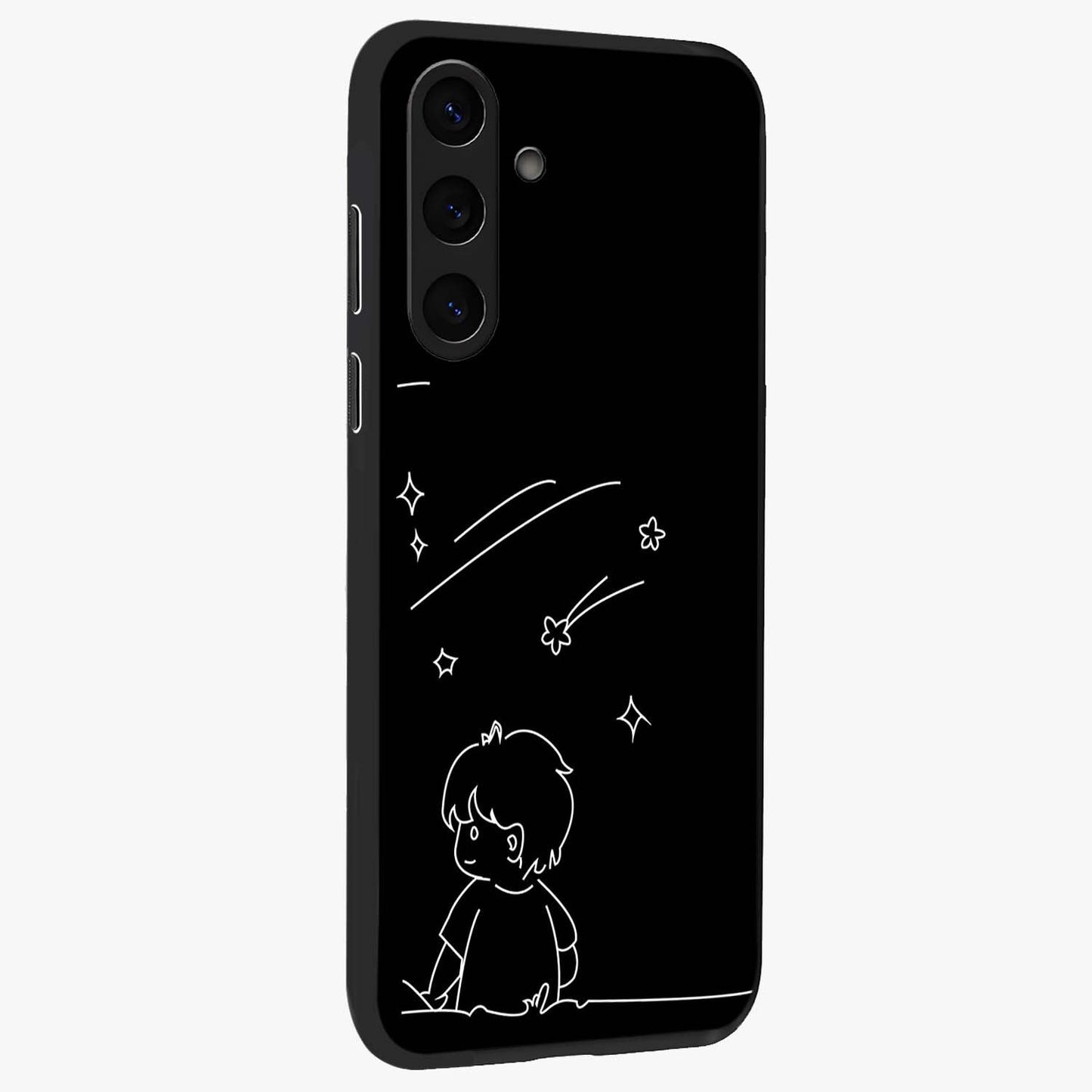 Line Art Boy With Shooting Stars Glass Case upright view showcasing artistic shooting star illustration with minimal style.