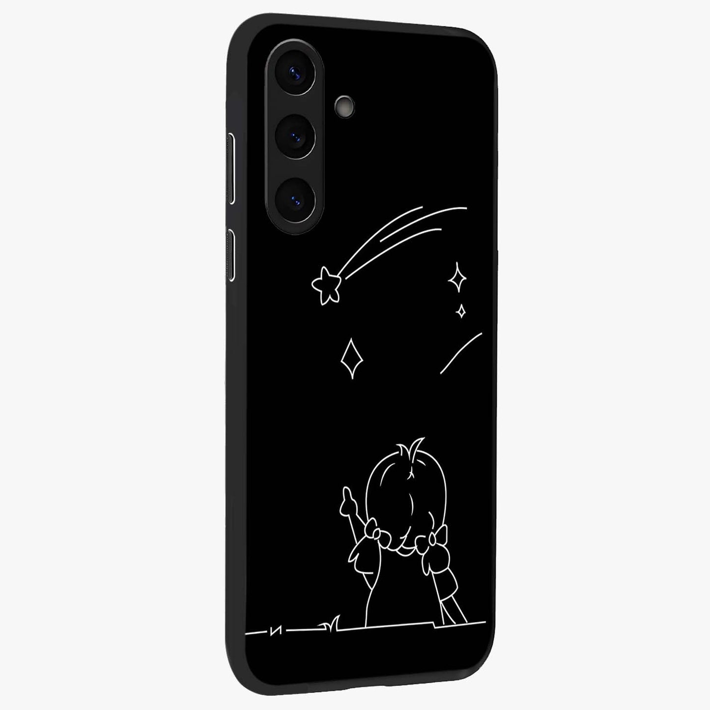Line Art Girl With Shooting Stars Glass Case upright view showcasing delicate shooting stars artwork with minimal artistic theme.