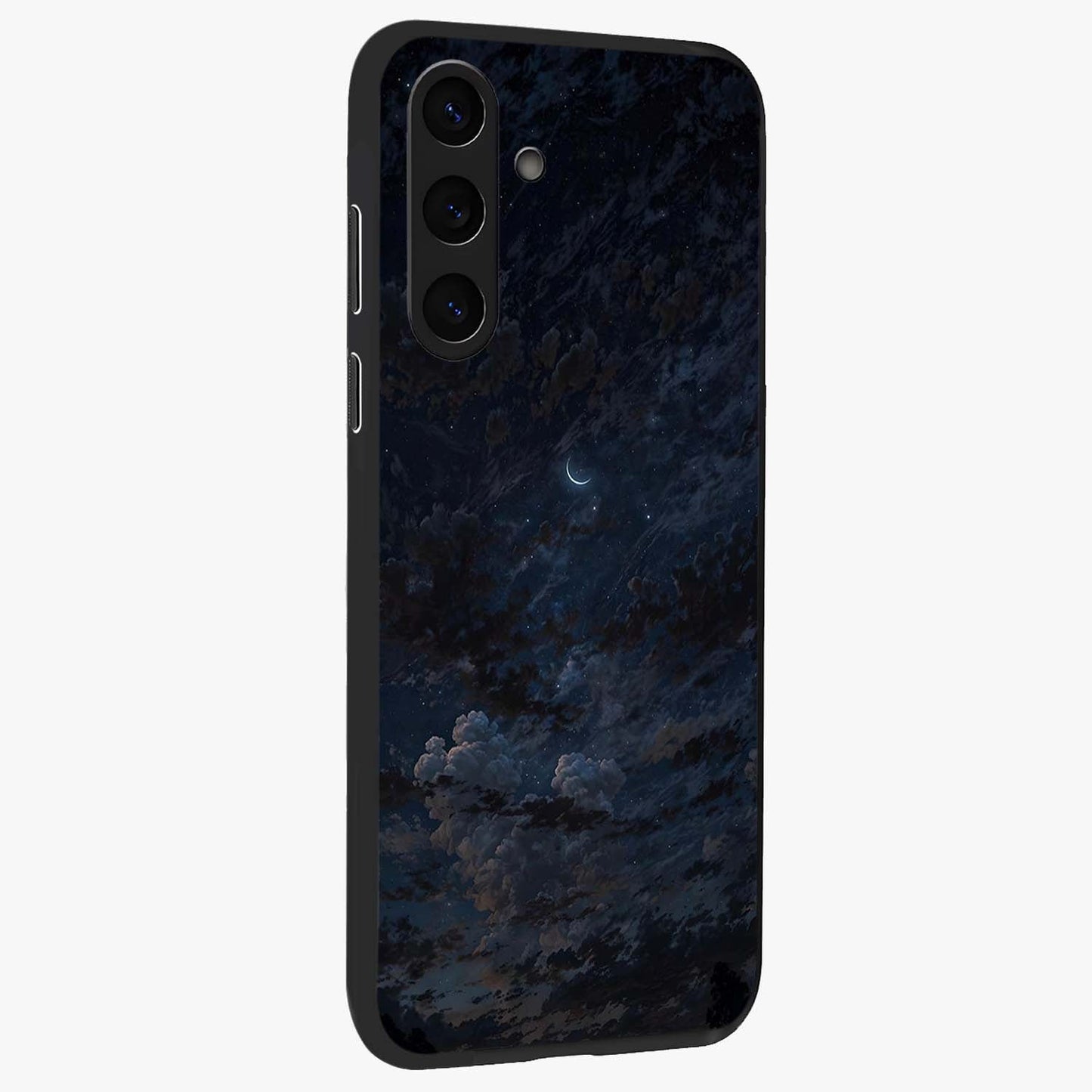 Lunar Veil Silence Glass Case upright view showcasing calm moon themed artwork with serene night atmosphere.