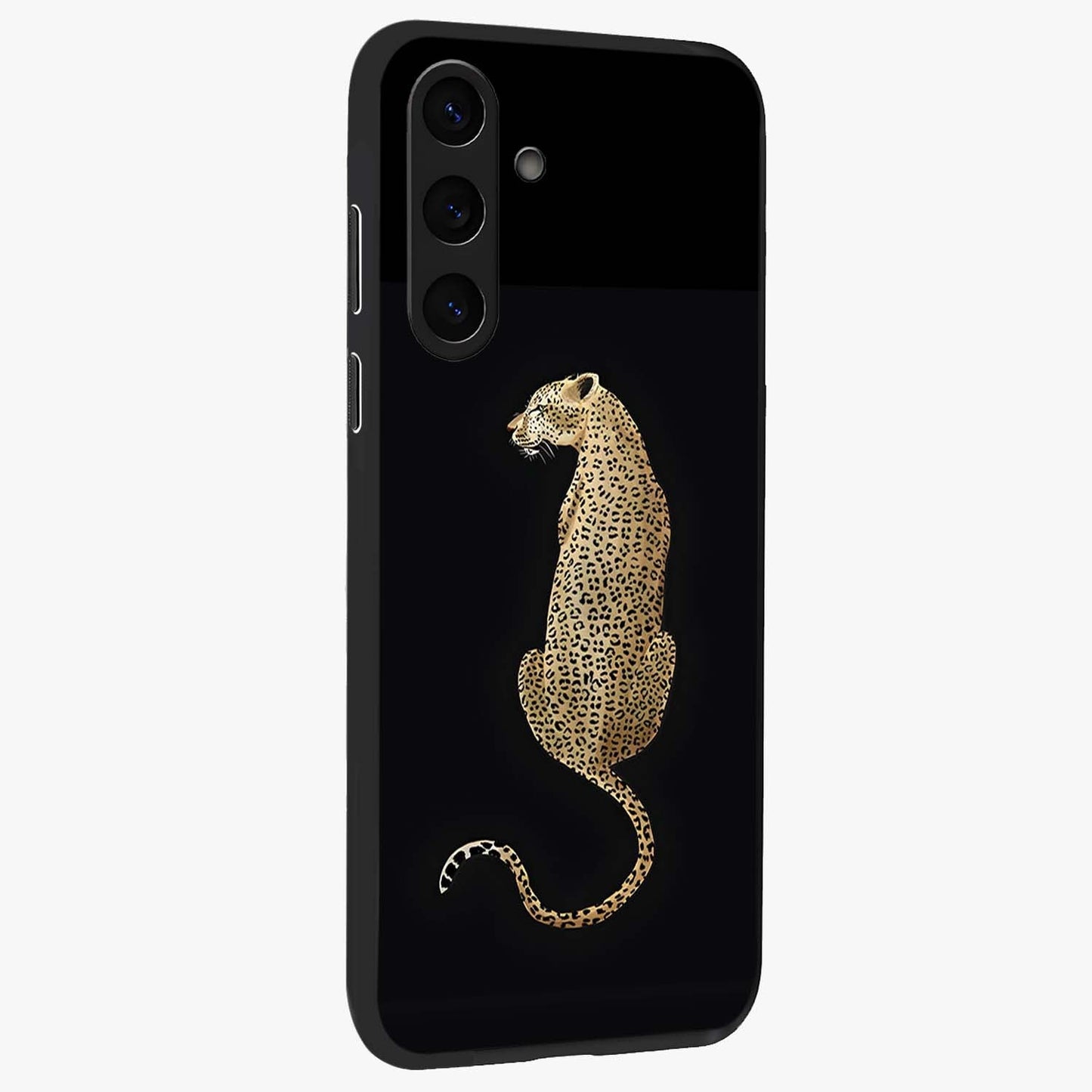 Regal Leopard Glass Case upright view showcasing striking leopard artwork with fierce wildlife theme.