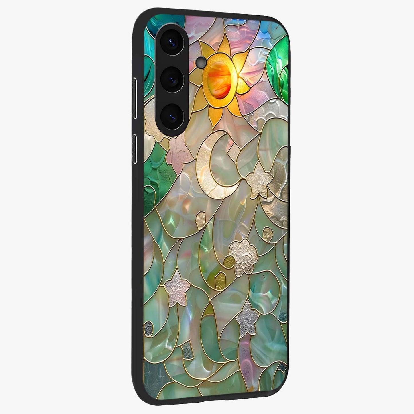Stained Sunrise Glow Glass Case upright view showcasing colorful sunrise artwork with warm morning theme.