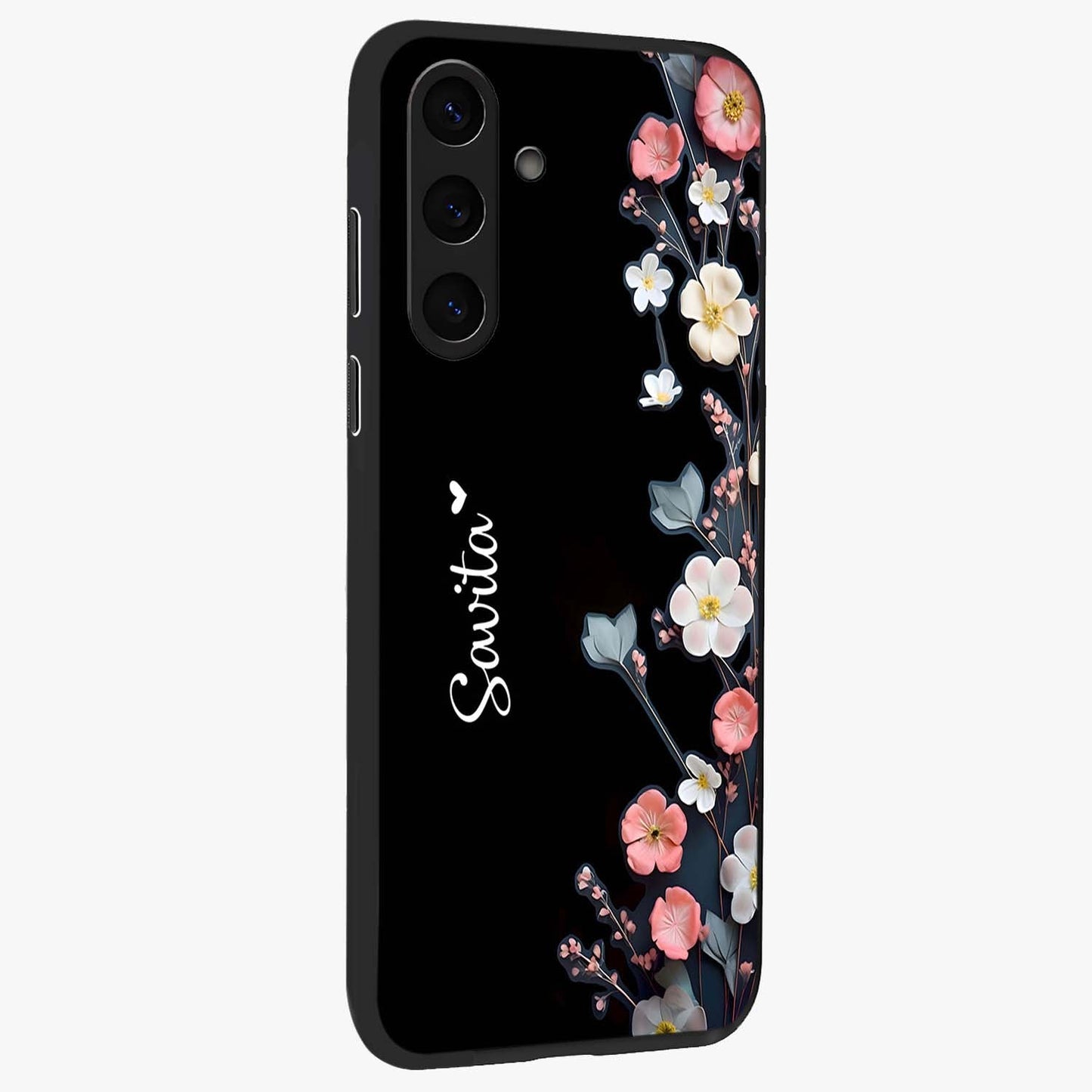 Black Elegance Floral Custom Name Glass Case upright view showcasing luxurious black floral design with personalized name detail.