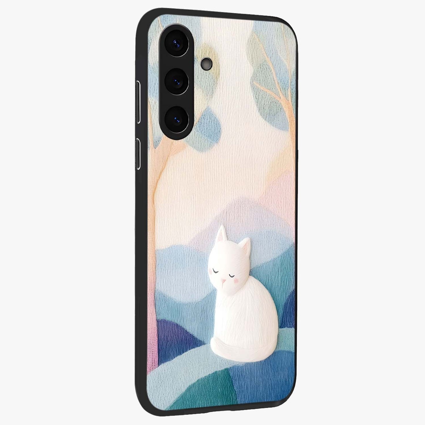 Cotton Dream Cat Glass Case upright view showcasing charming cat artwork with cozy dreamy theme.