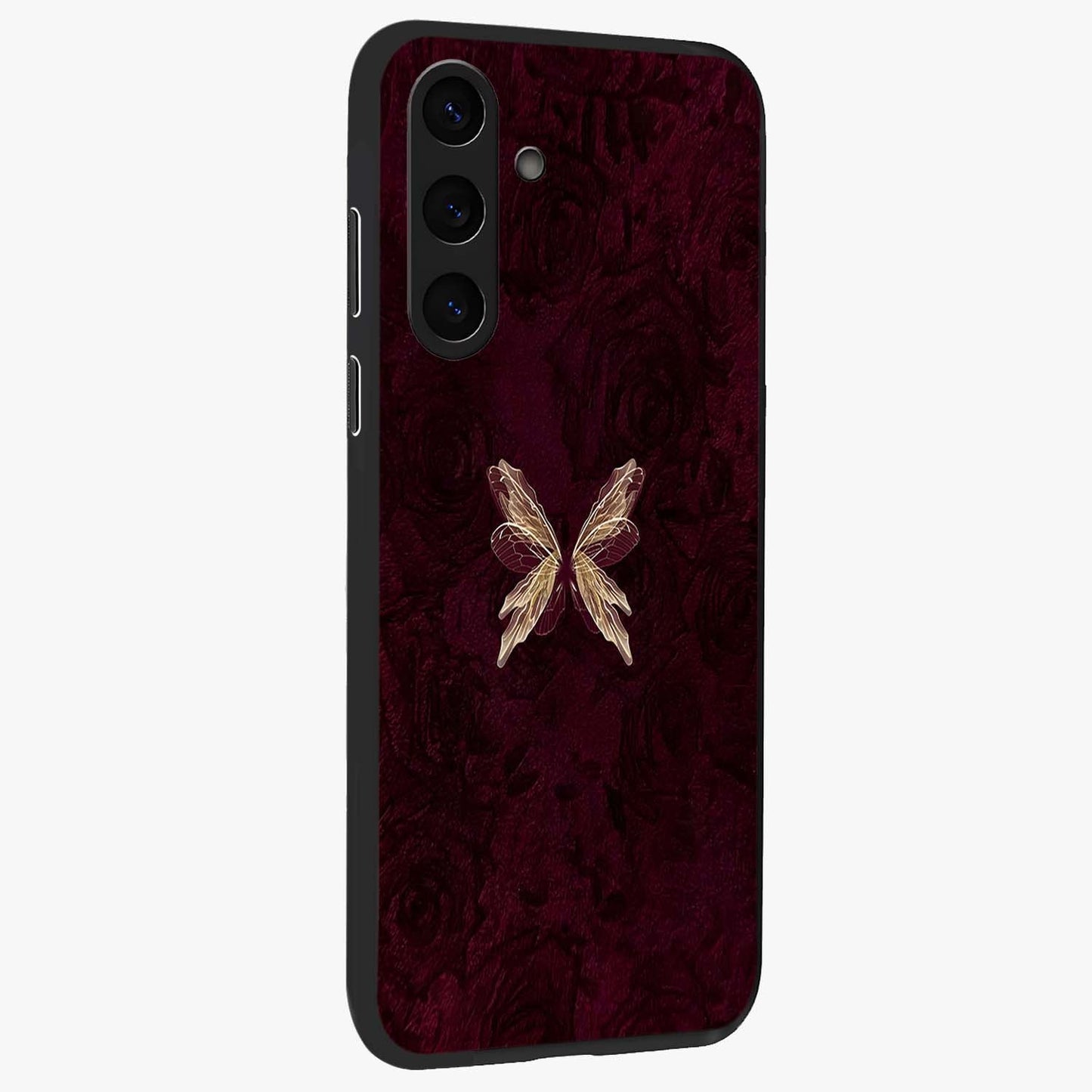 Crimson Fade Butterfly Glass Case upright view showcasing graceful butterfly artwork with soft crimson fade effect.