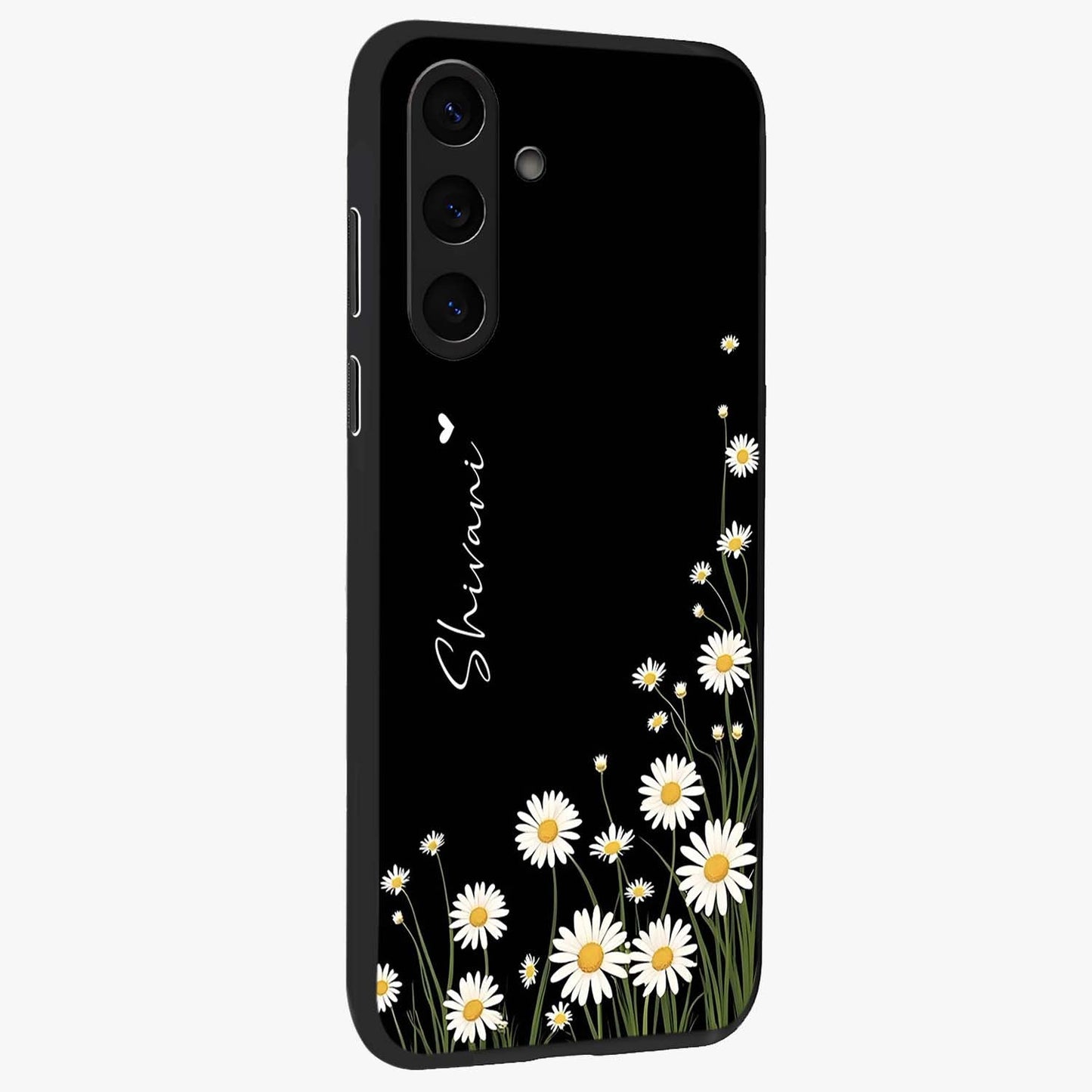 Daisy Cascade Custom Name Glass Case upright view showcasing elegant floral cascade design with personalized aesthetic.