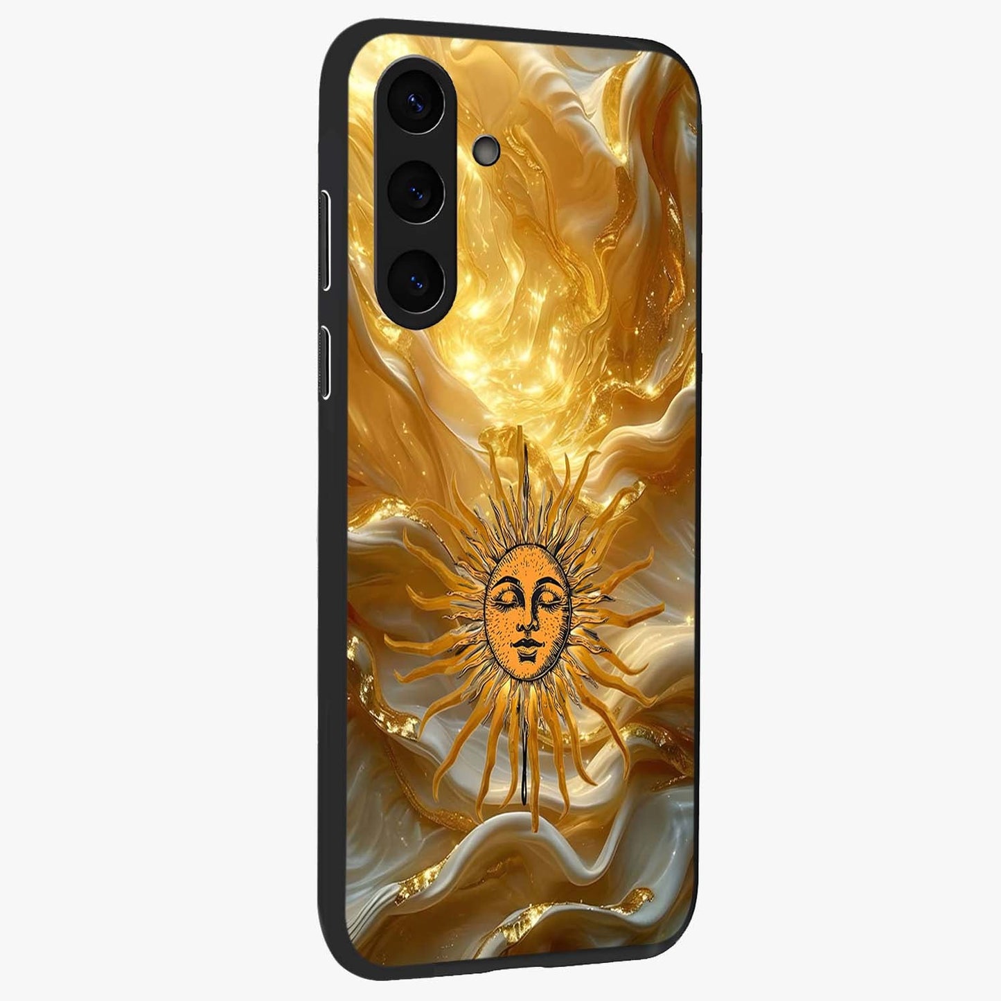 Eternal Golden Glow Glass Case upright view showcasing luminous golden artwork with luxurious visual theme.