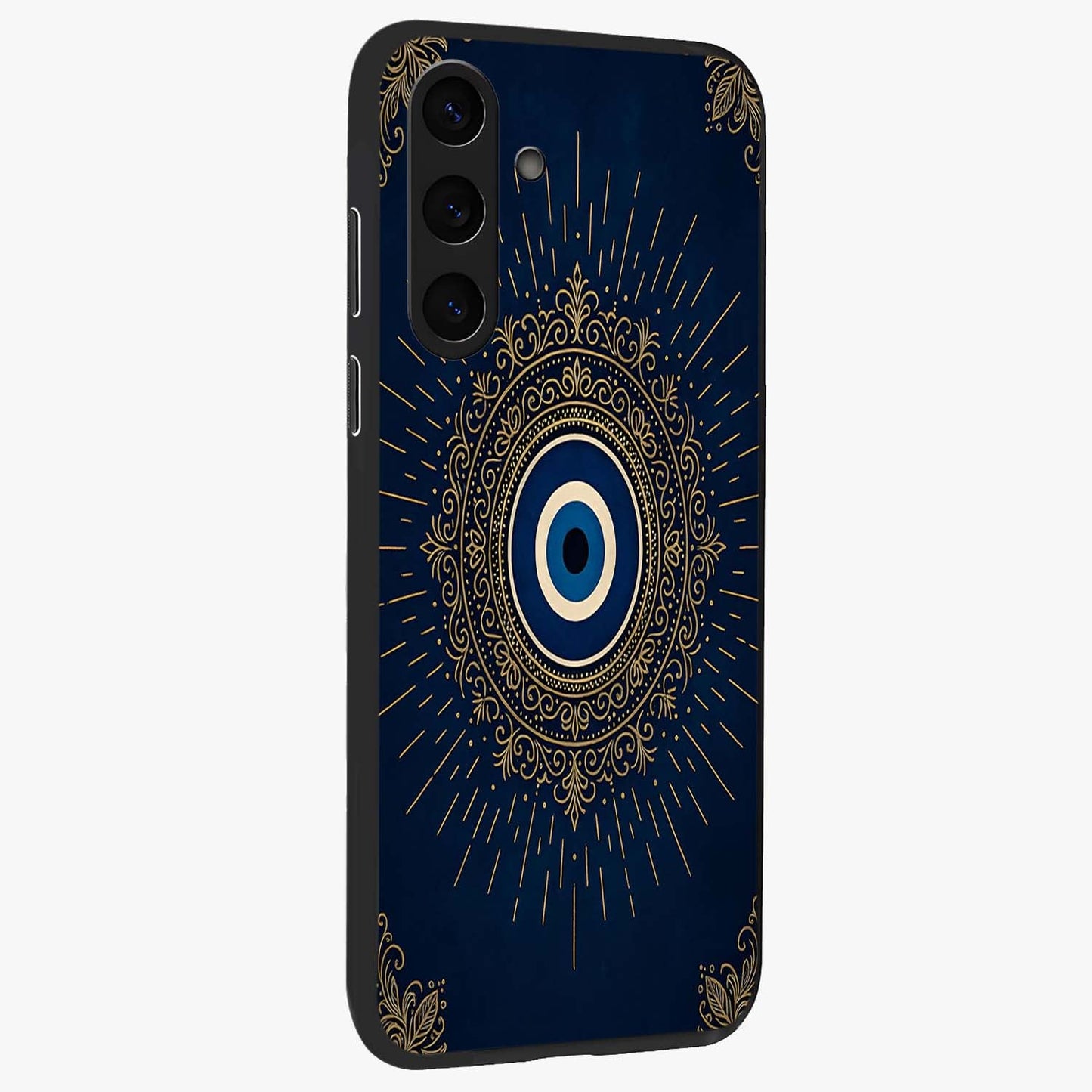 Golden Evil Eye Mandala Glass Case upright view showcasing decorative evil eye mandala artwork with spiritual aesthetic style.