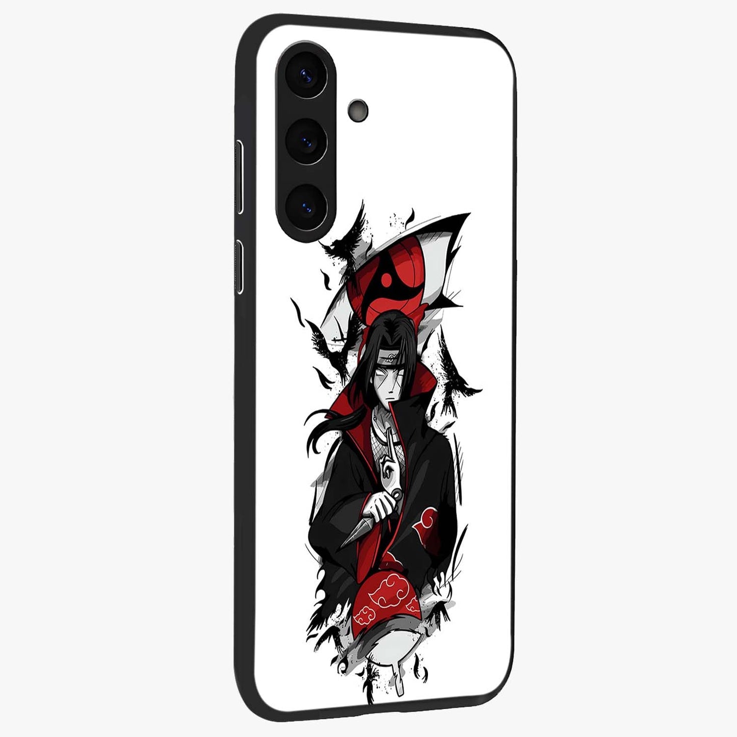 Itachi Sharingan Glass Case upright view showcasing intense anime eye artwork with bold character theme.