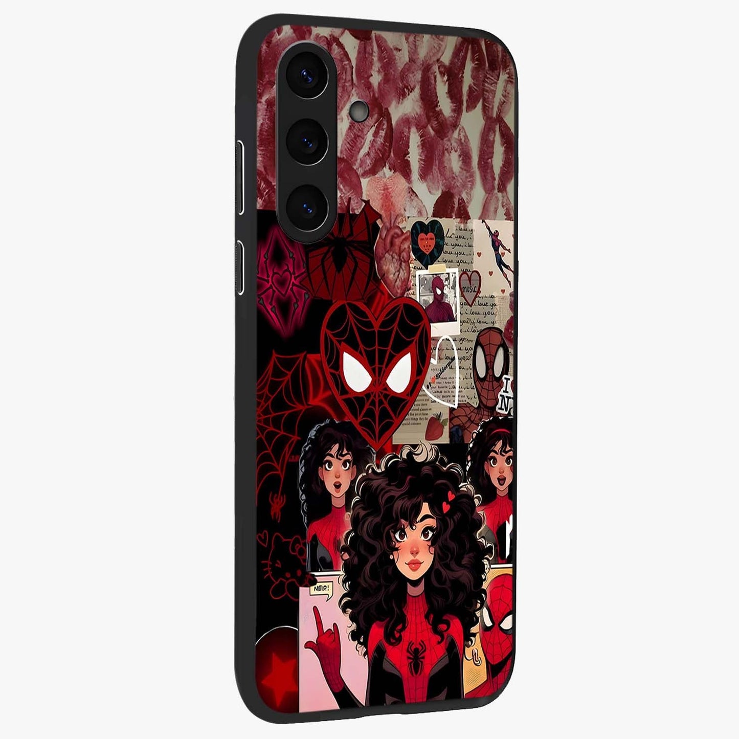 Spider Love Story Glass Case upright view showcasing charming superhero artwork with romantic comic theme.