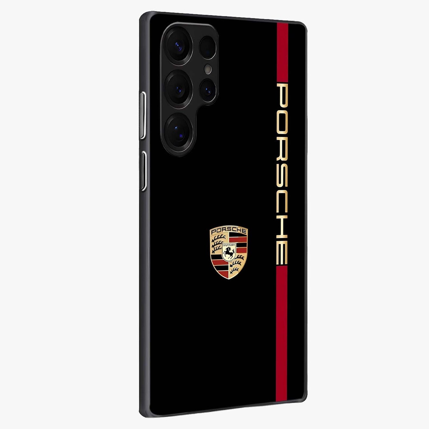 Black Minimal Porsche Glass Case upright view showcasing stylish automotive artwork with bold minimal theme.