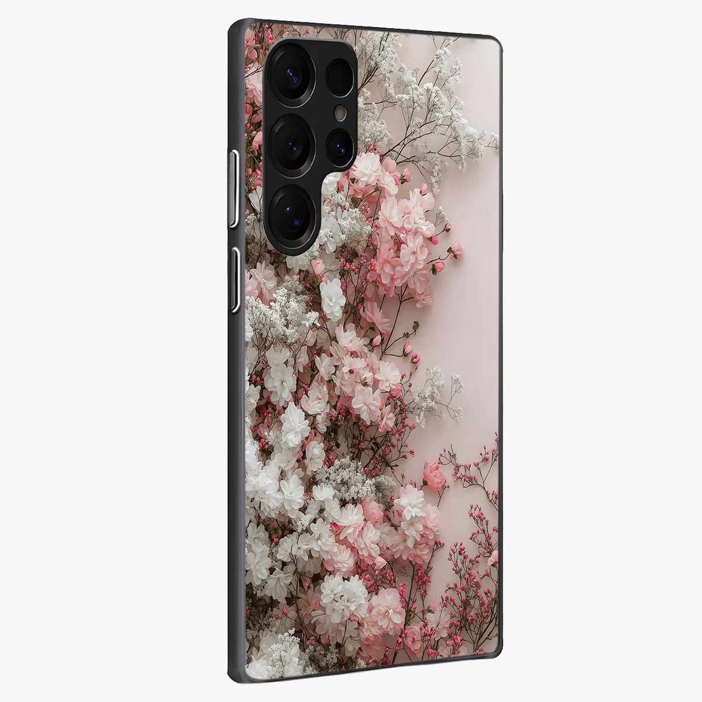 Blush Blossom Cloud Glass Case upright view showcasing calm floral cloud artwork with gentle dreamy theme.