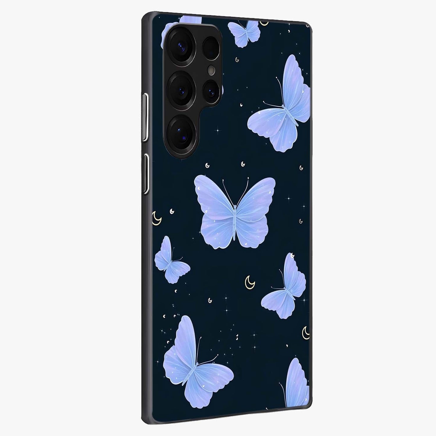 Butterfly With Stars Pattern Glass Case upright view showcasing celestial butterfly artwork with sparkling star elements.