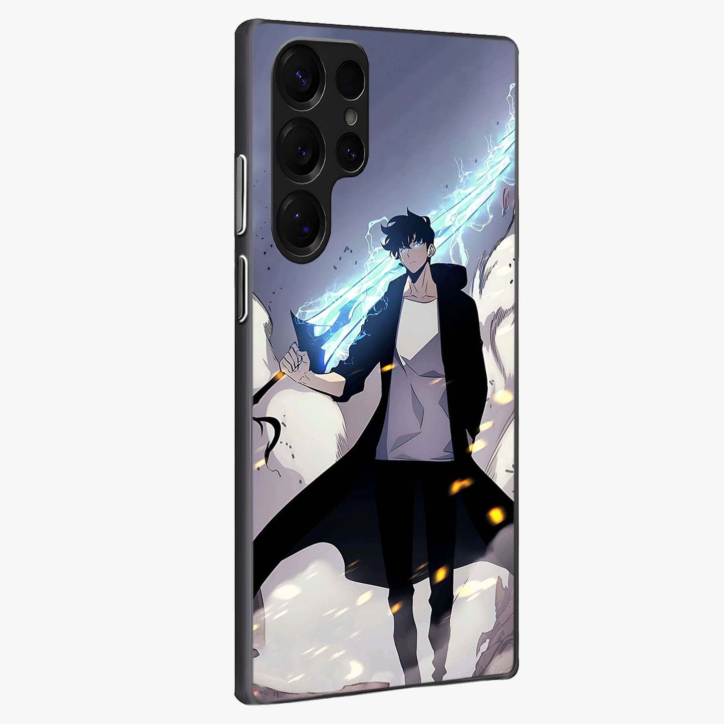 Dark Lightning Anime Warrior Glass Case upright view showcasing dramatic warrior artwork with dark lightning aesthetic.