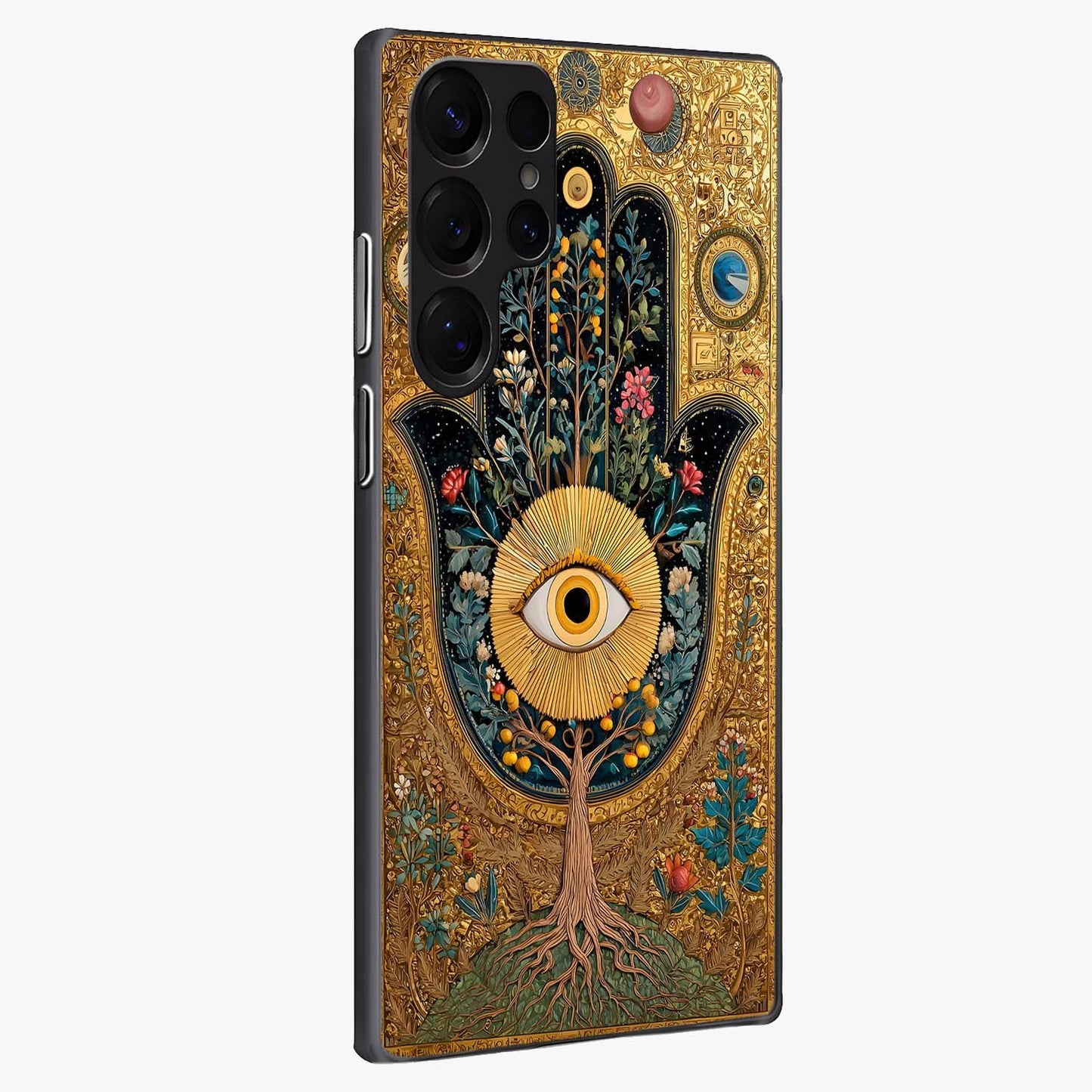 Ethereal Evil Eye Glass Case upright view showcasing celestial evil eye artwork with mystical theme.