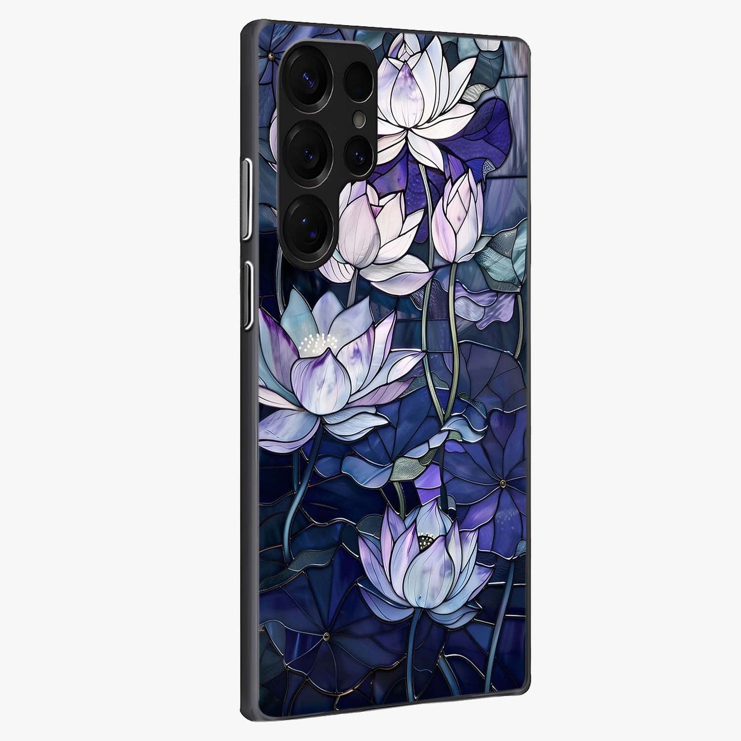 Gloss Petal Rush Glass Case upright view showcasing dynamic floral petal artwork with modern botanical theme.