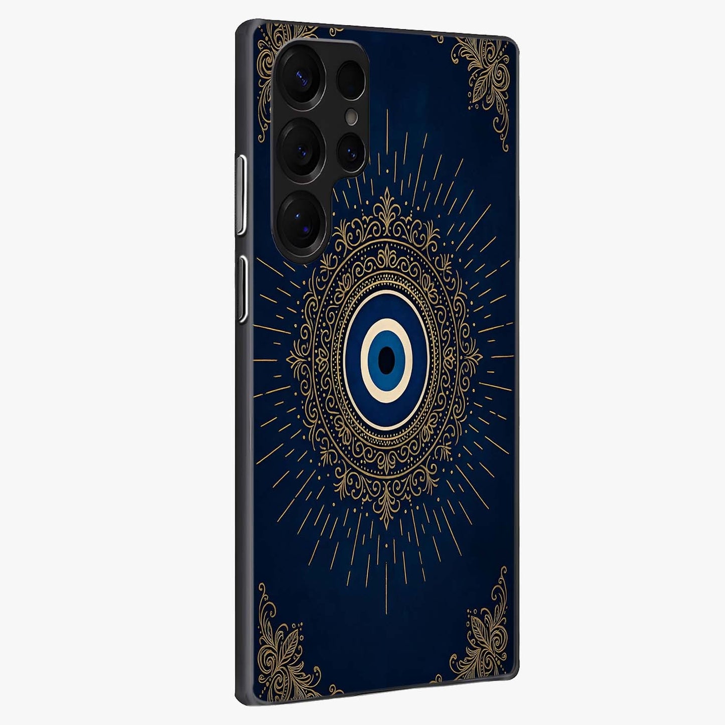Golden Celestial Charm Glass Case upright view showcasing radiant celestial artwork with elegant golden theme.