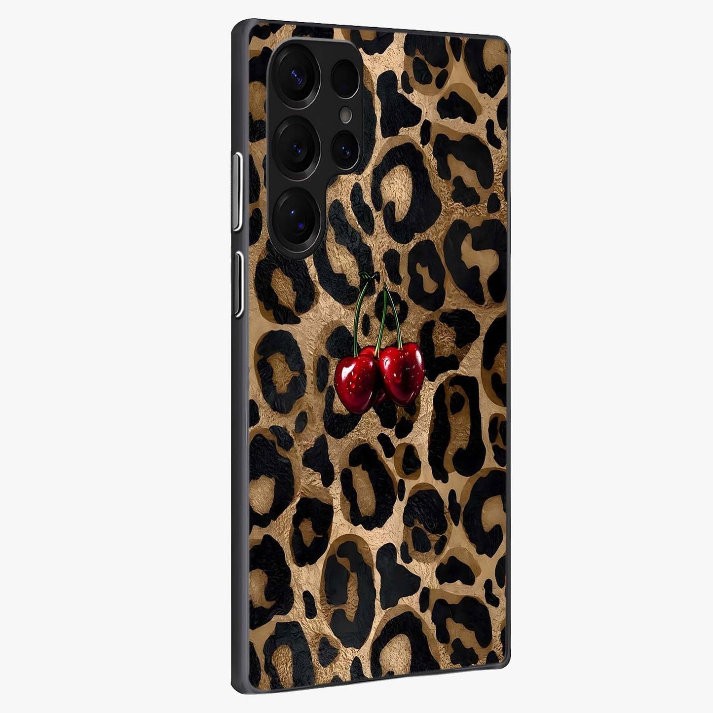 Leopard Wild Cherry Glass Case upright view showcasing stylish leopard pattern artwork with trendy fashion theme.