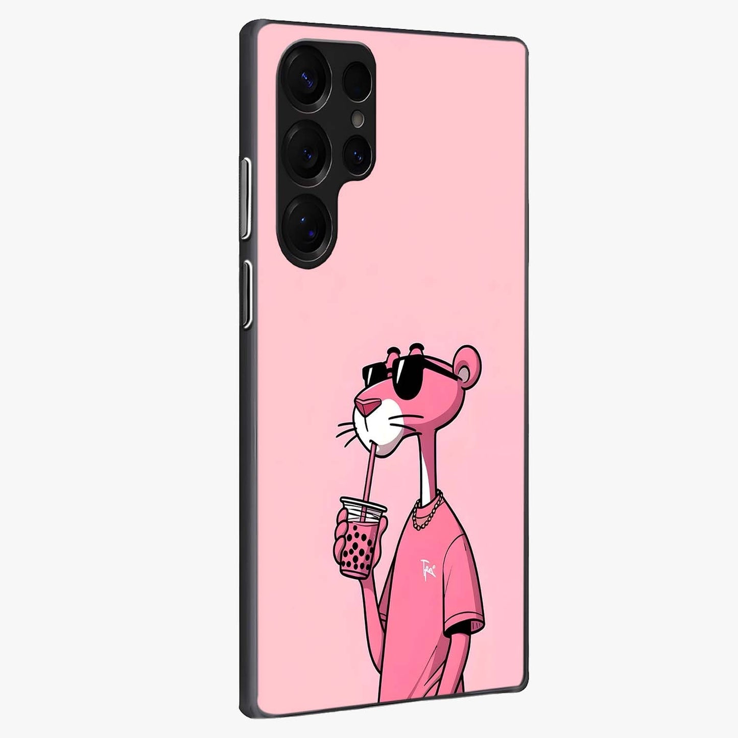 Pink Panther Glass Case upright view showcasing fun animated artwork with stylish retro cartoon theme.