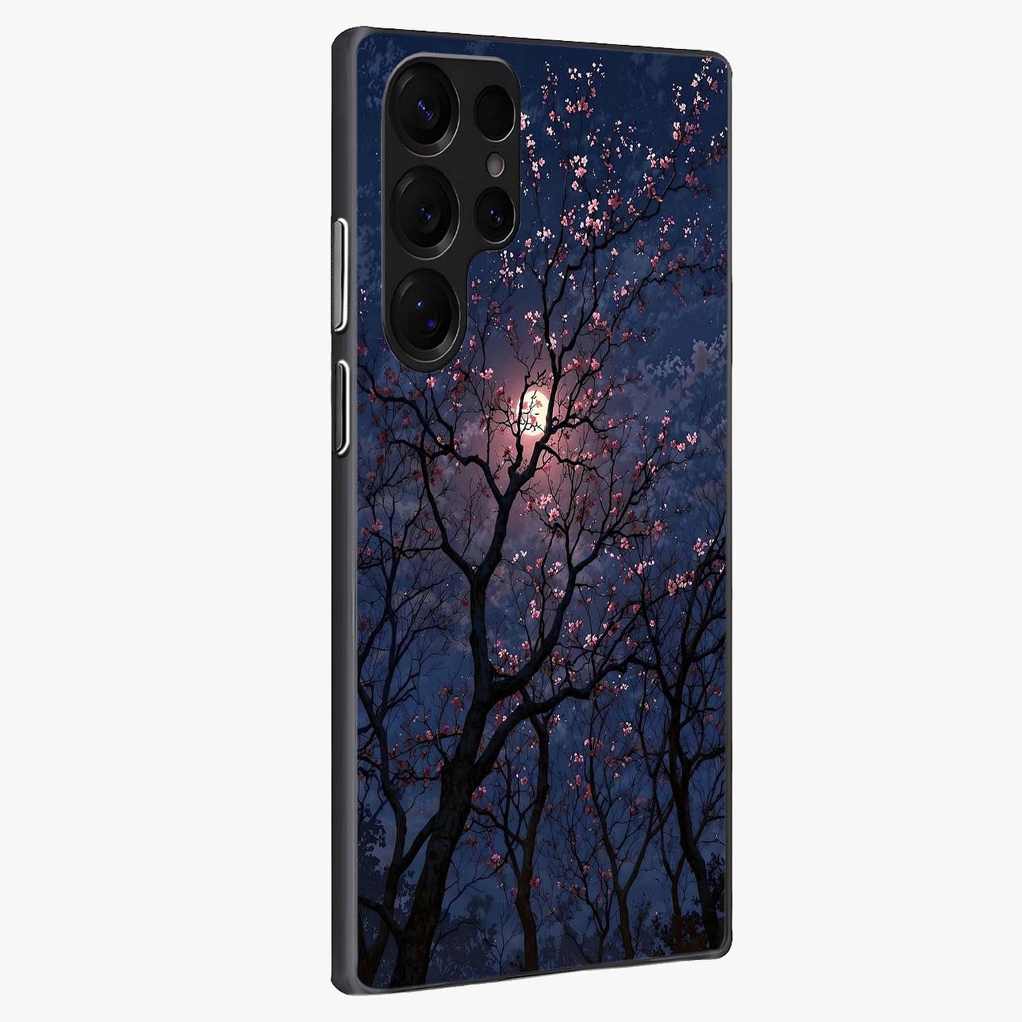 Twilight Sakura Serenade Glass Case upright view showcasing beautiful cherry blossom artwork with serene evening theme.