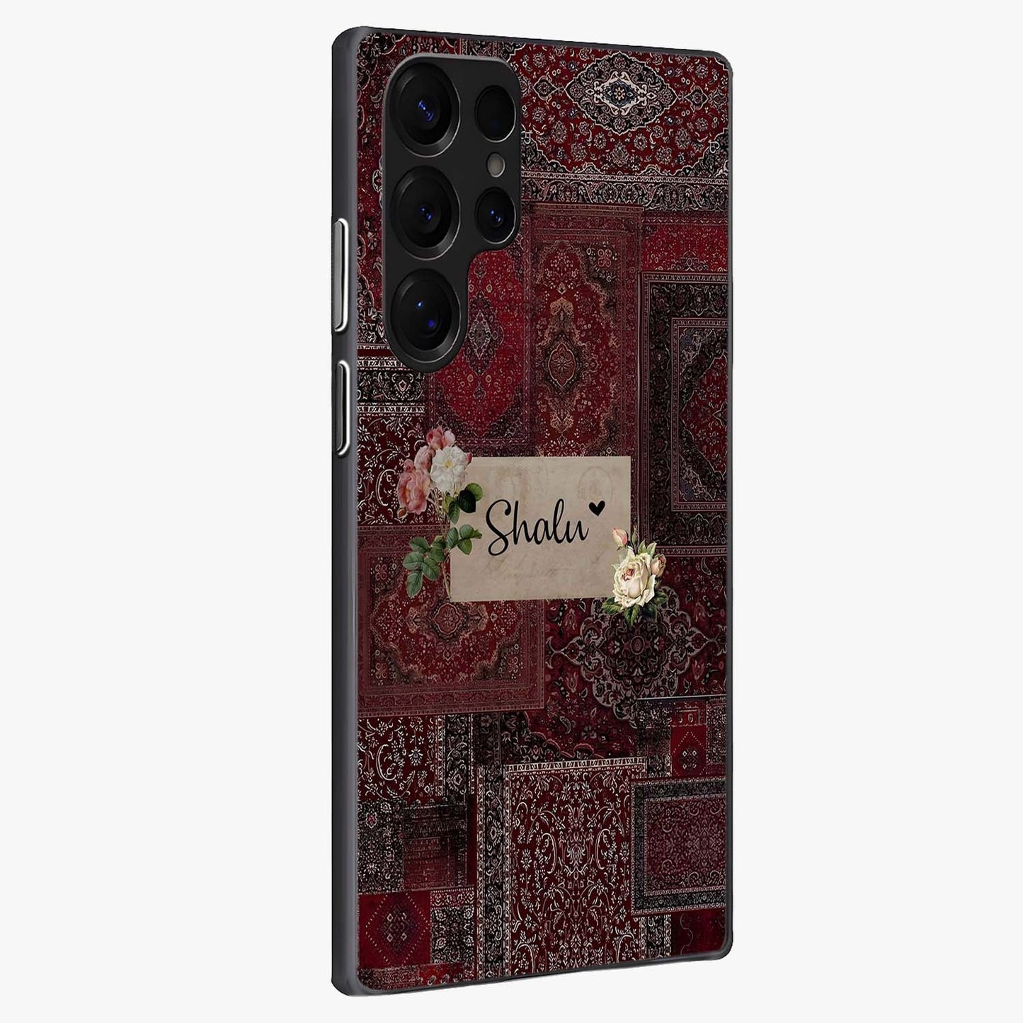 Velvet Wine Pattern Custom Name Glass Case upright view showcasing luxurious wine toned artwork with personalized aesthetic.